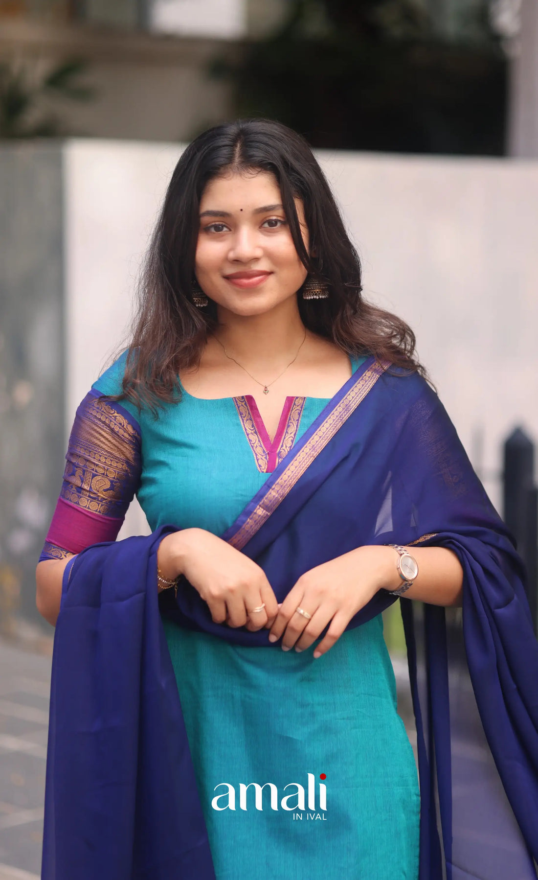 Teal Blue and Royal Blue Chettinad Cotton Salwar Set - salwar