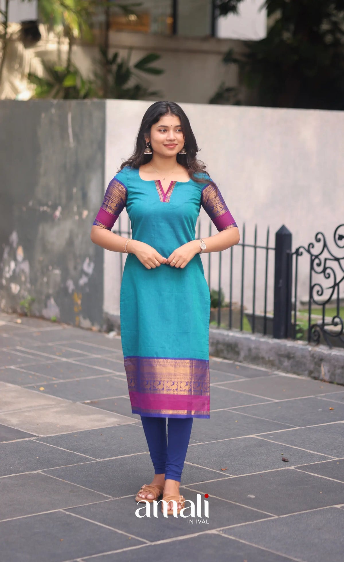 Teal Blue and Royal Blue Chettinad Cotton Salwar Set - salwar