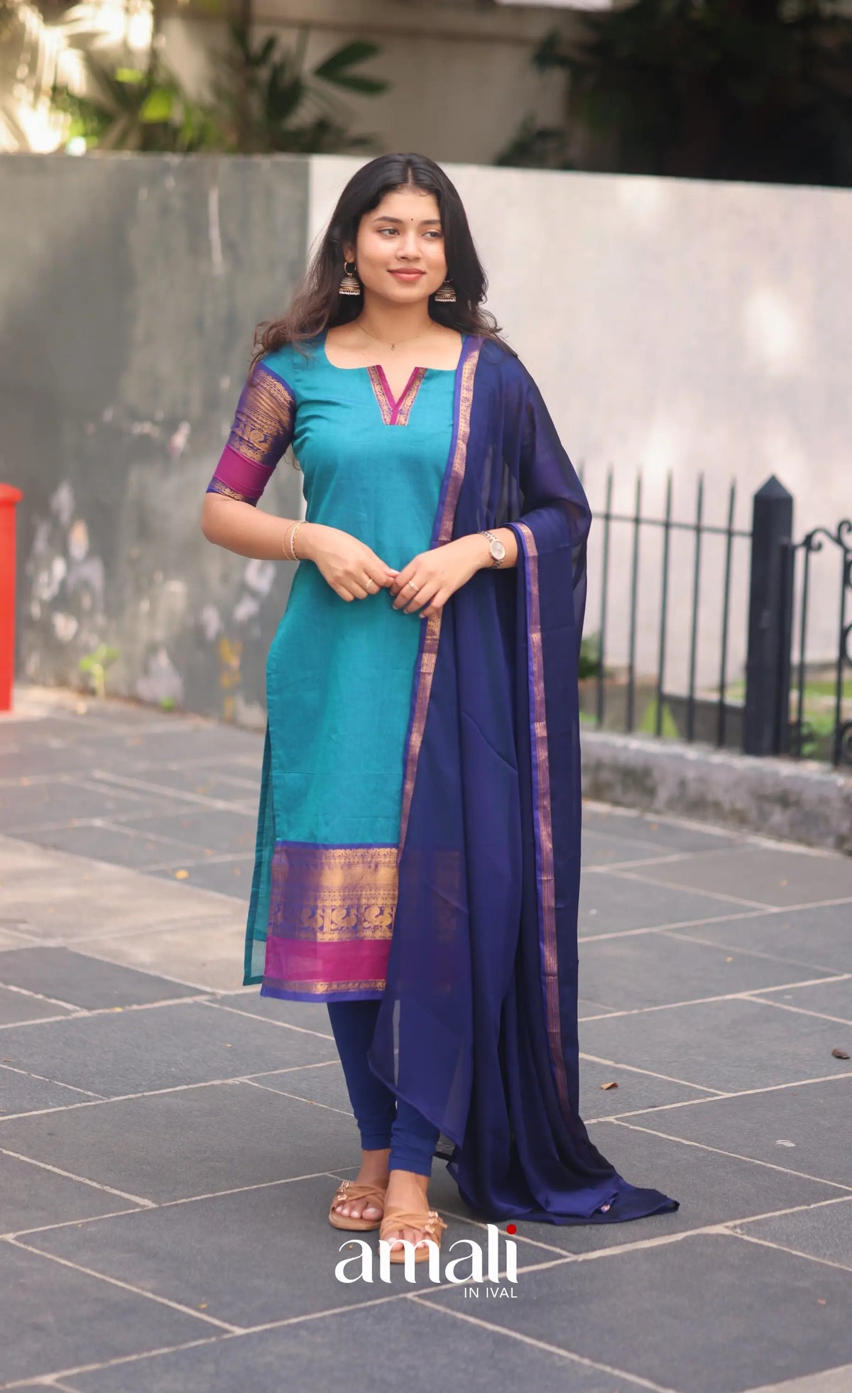 Teal Blue and Royal Blue Chettinad Cotton Salwar Set - salwar