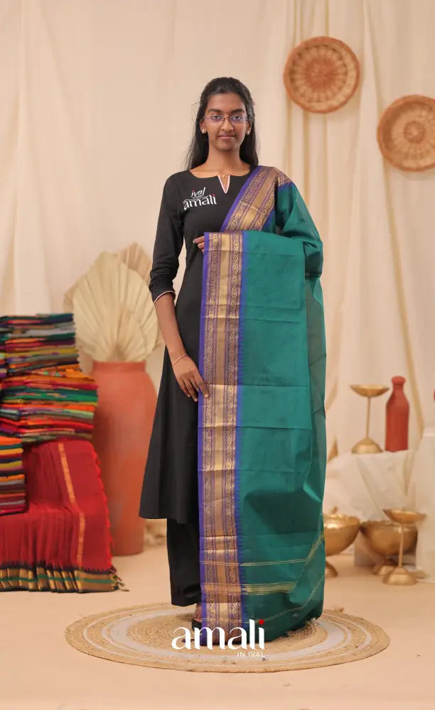 Teal Blue With Dark Blue Chettinad Cotton Dupatta salwar