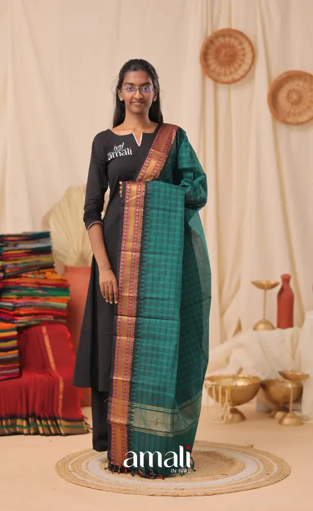 Teal Checks With Dark Blue Chettinad Cotton Dupatta salwar