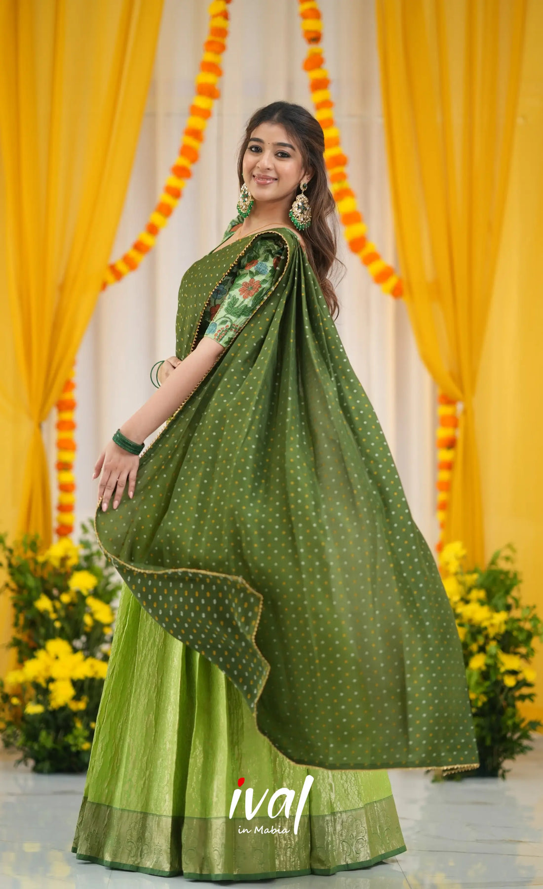Teja Tissue Banarasi Half Saree - Light Green and Bottle Green Half Sarees