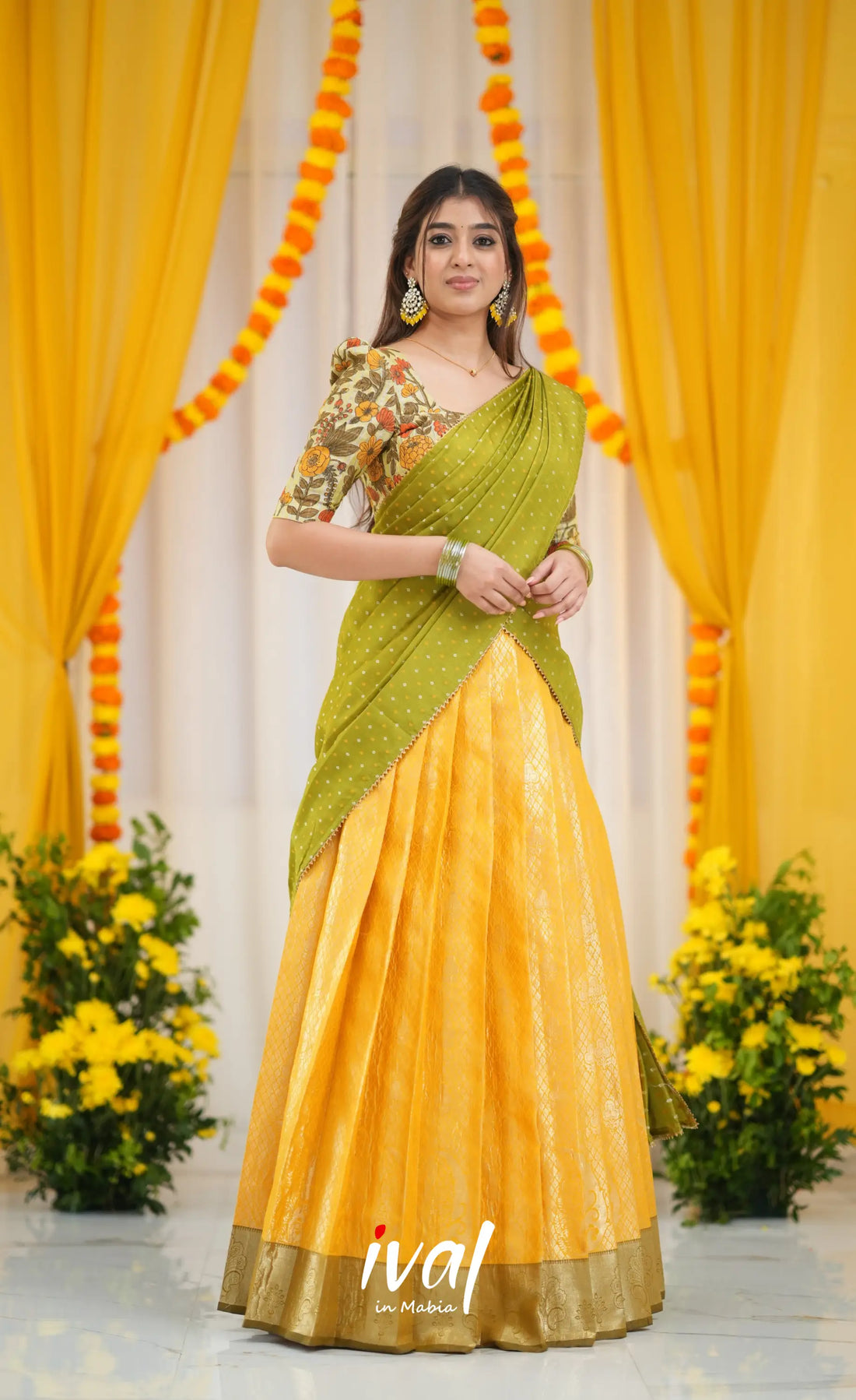 Teja Tissue Banarasi Half Saree - Yellow and Henna Green Half Sarees
