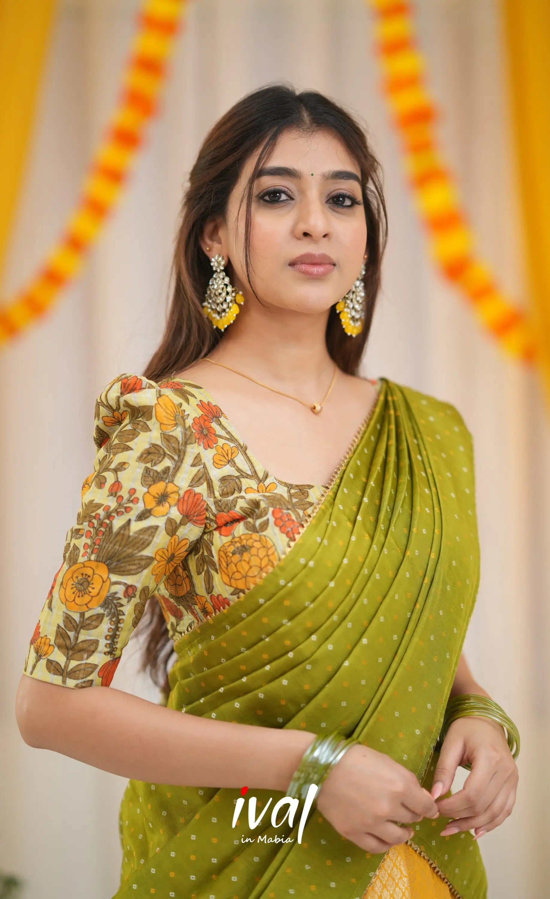 Teja Tissue Banarasi Half Saree - Yellow and Henna Green Half Sarees