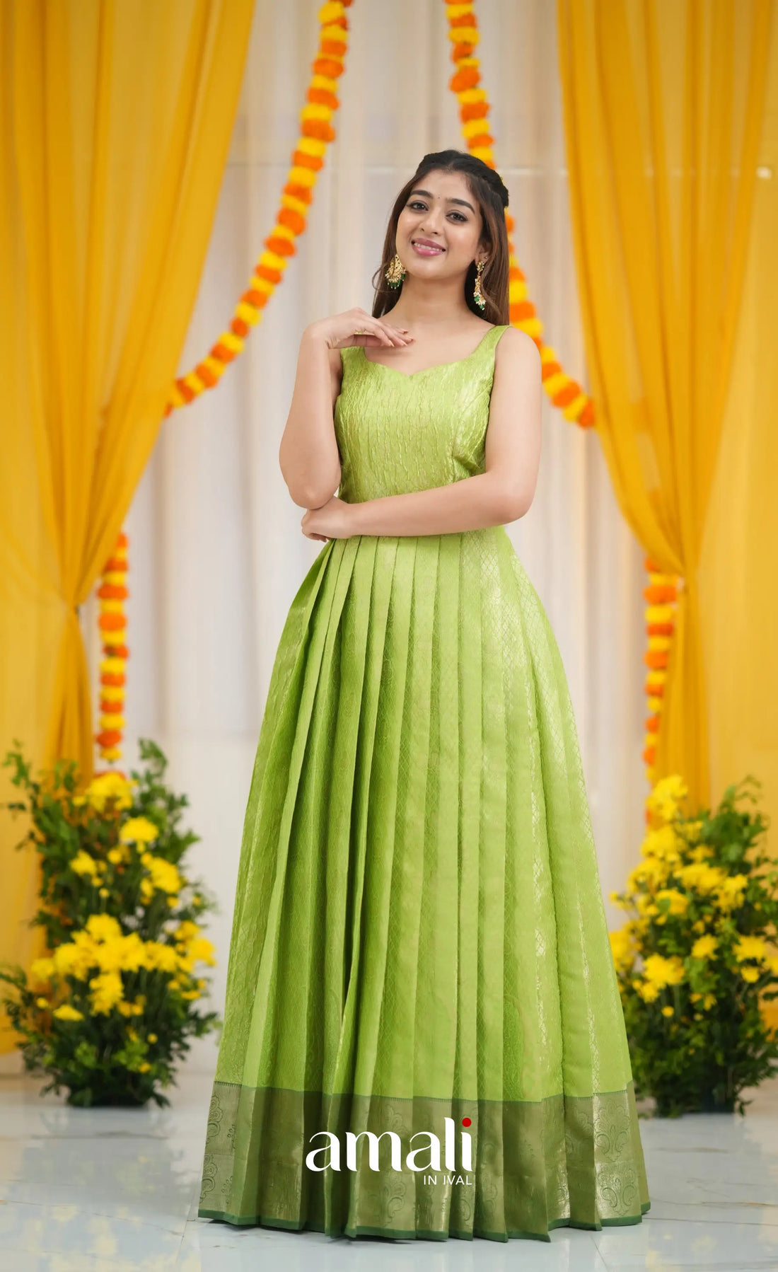 Tissue Banarasi Long Gown - Light Green and Bottle Green gown