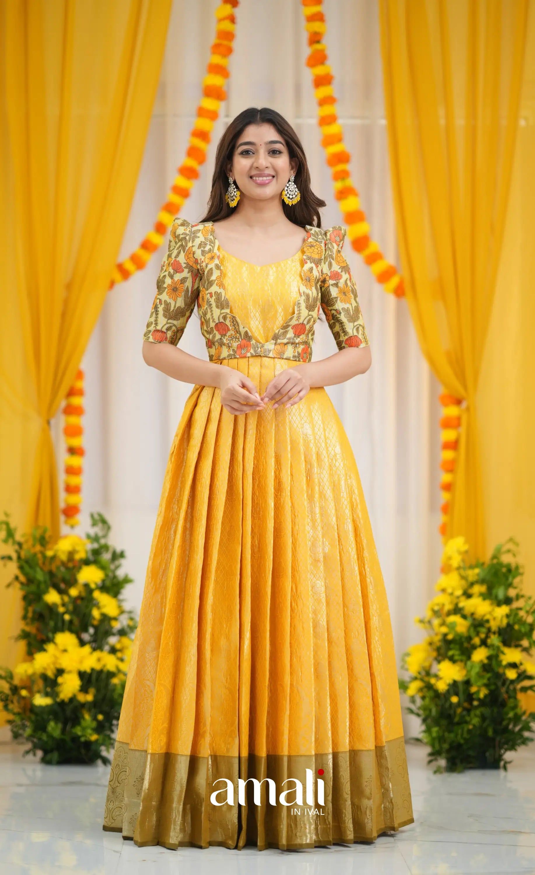 yellow saree dress design Embroidered Yellow Silk Saree Gown: Fashion Fusion Party Wear