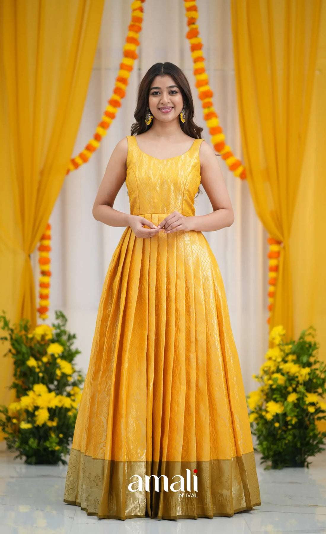Tissue Banarasi Long Gown - Yellow and Henna Mustard gown