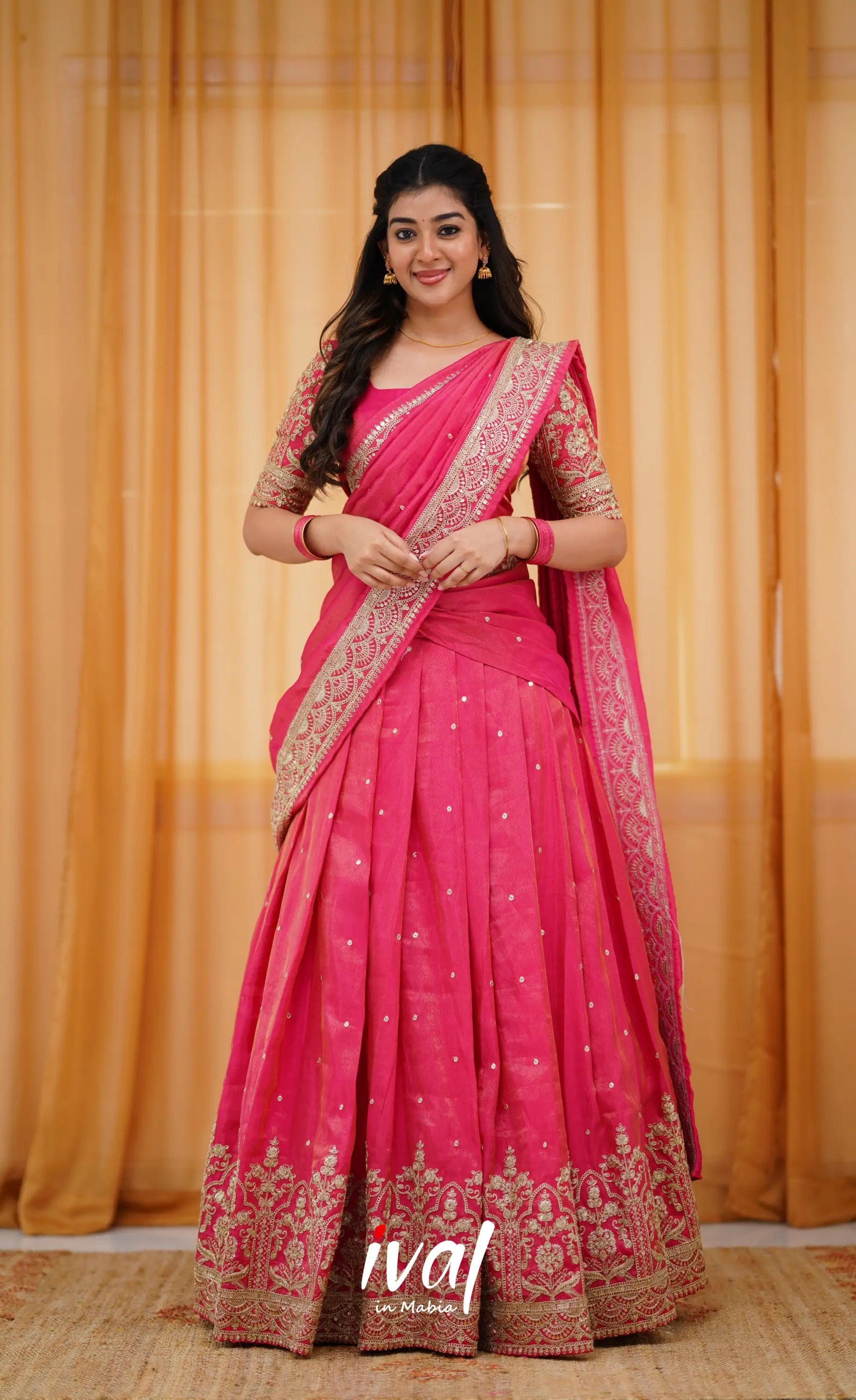 Pink Off Saree Dress Pink Color South Style Poly Cotton Half Saree