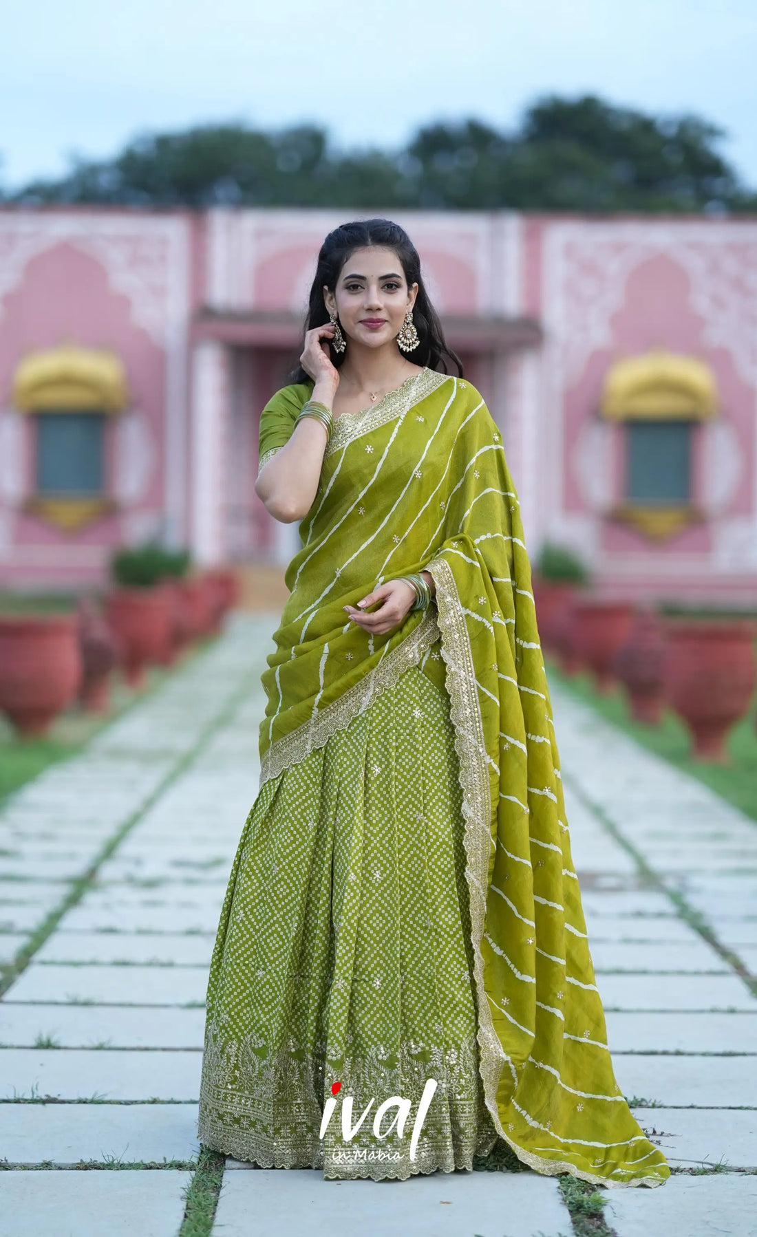 Tulip Gaji Silk Half saree - Olive Green Half Sarees