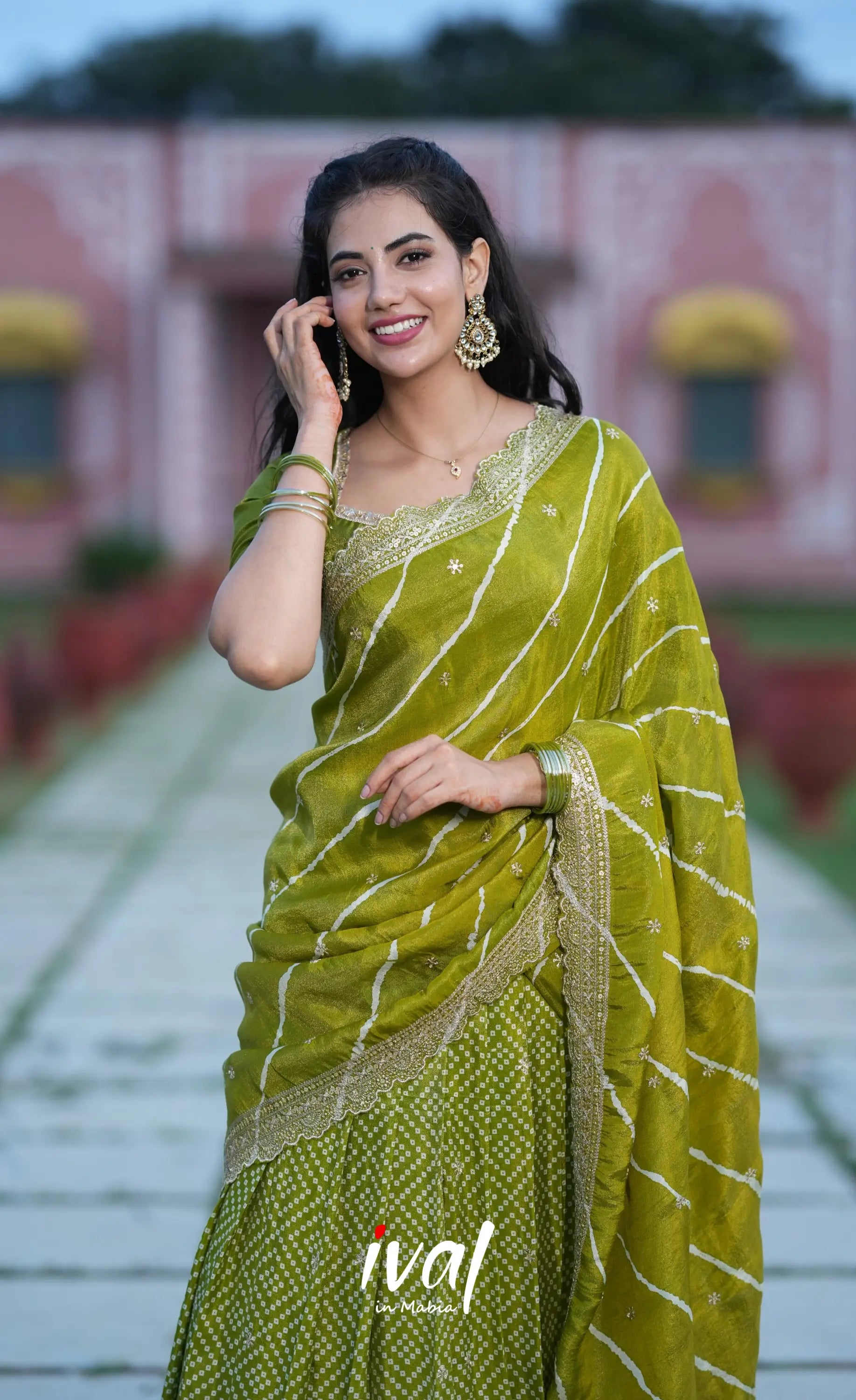 Tulip Gaji Silk Half saree - Olive Green Half Sarees
