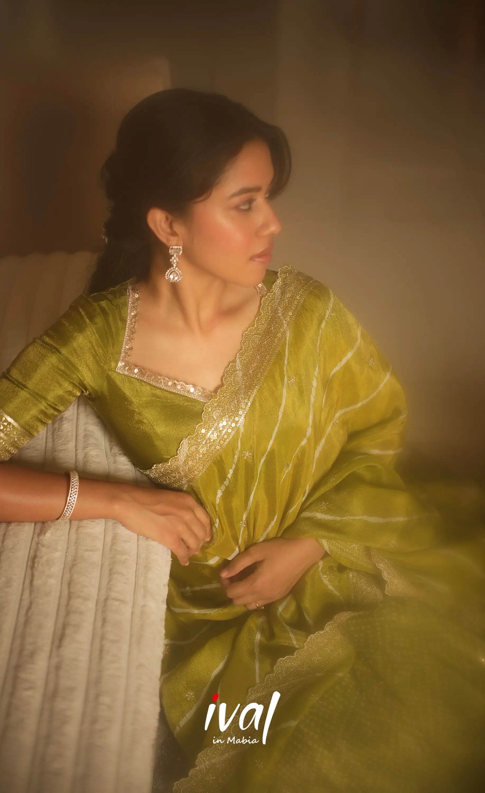 Tulip Gaji Silk Half saree - Olive Green Half Sarees