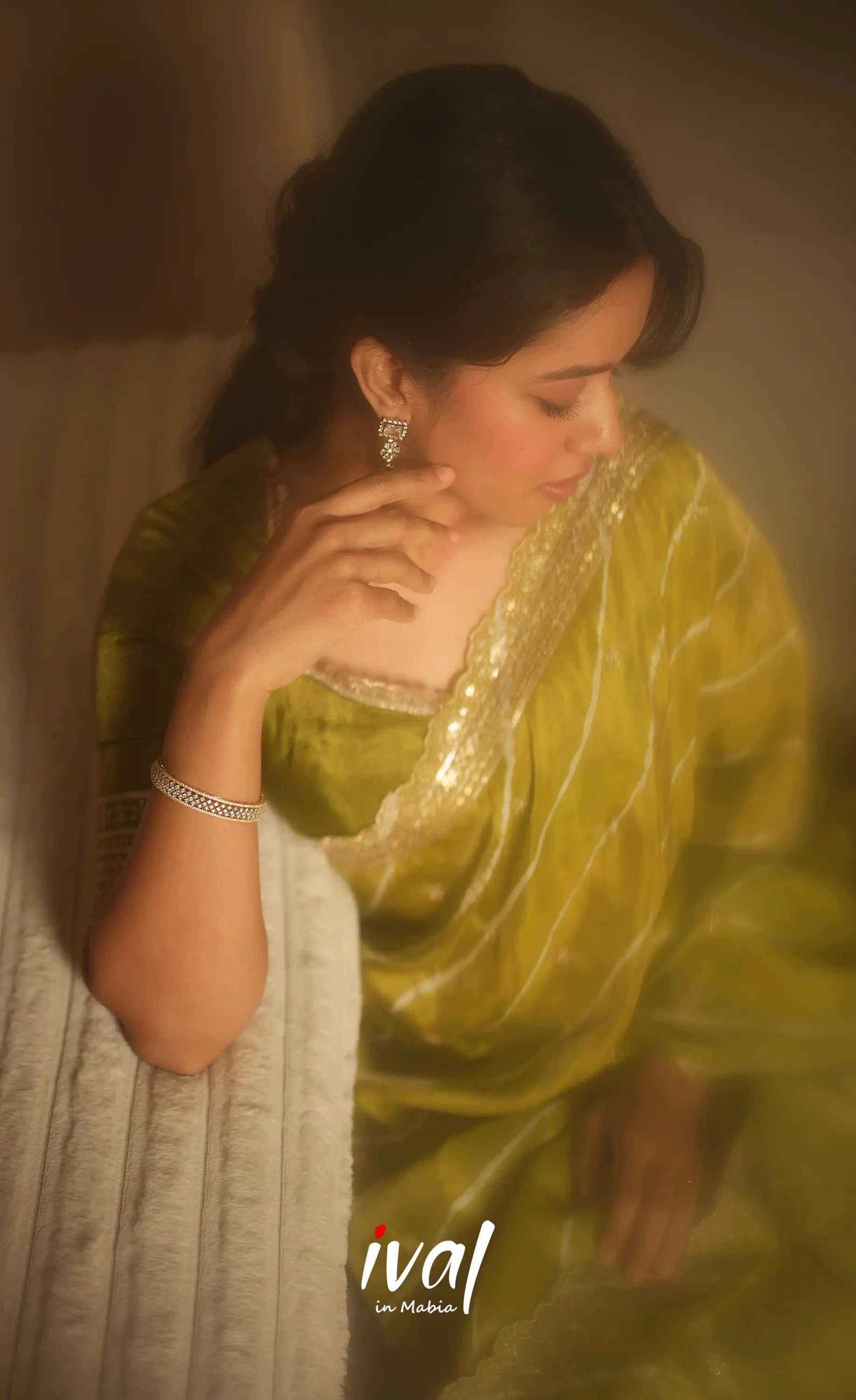 Tulip Gaji Silk Half saree - Olive Green Half Sarees