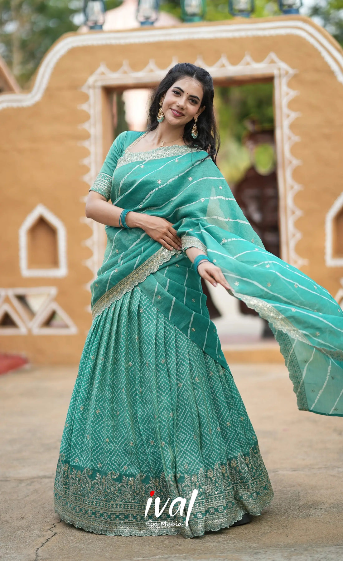 Tulip Gaji Silk Half saree - Teal Green Half Sarees