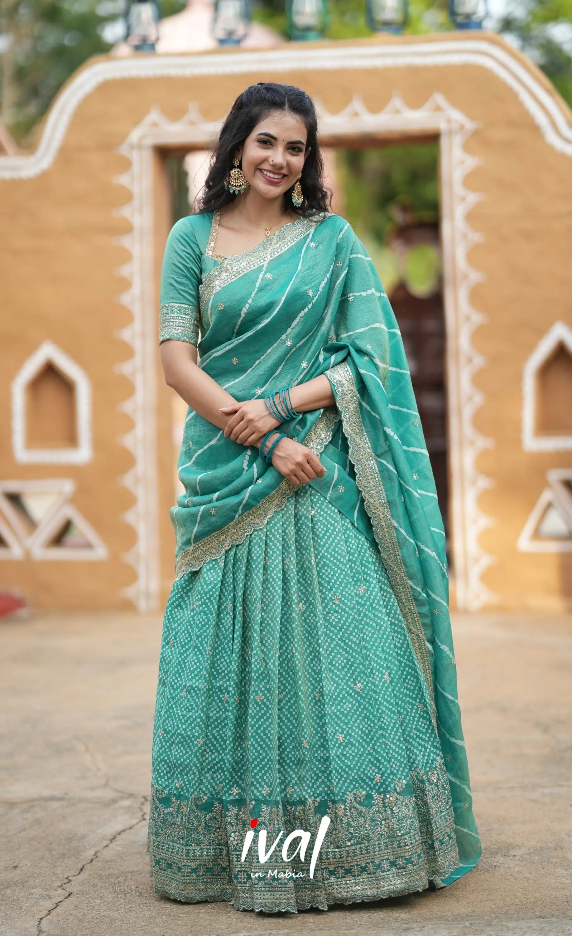 Tulip Gaji Silk Half saree - Teal Green Half Sarees