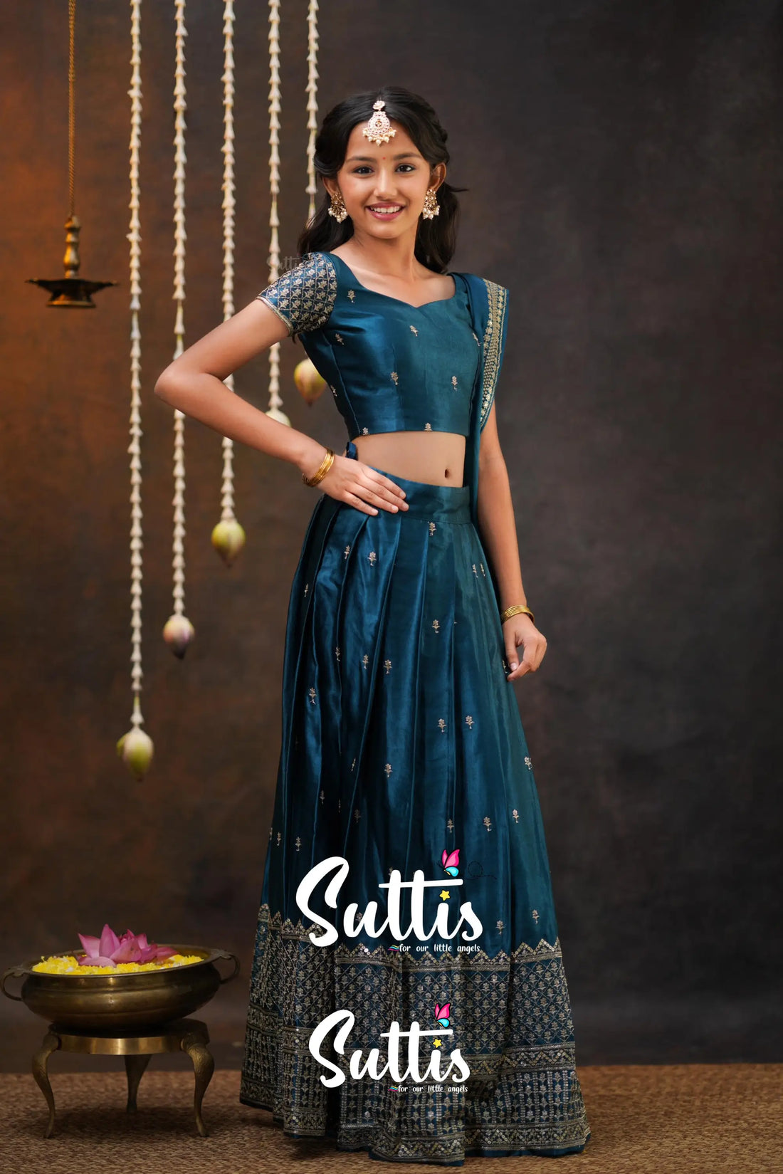 Tulip - Peacock Blue Pure Gaji Silk Half Saree Kids-Suttis