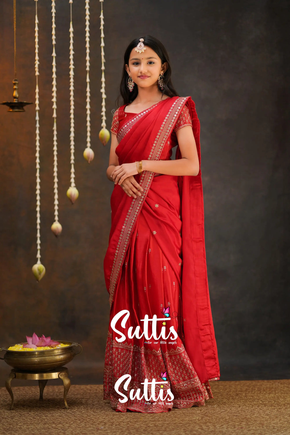 Tulip - Red Pure Gaji Silk Half Saree Kids-Suttis