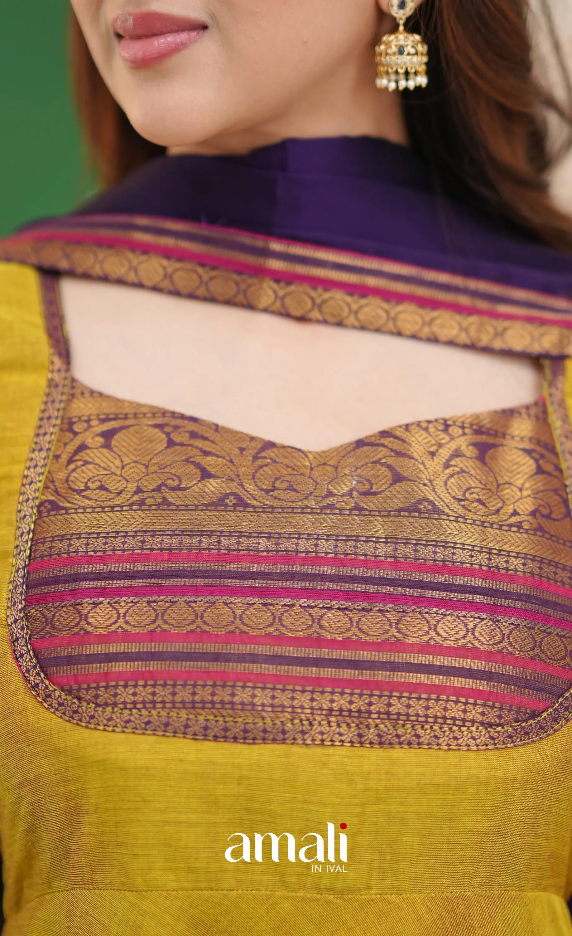 Two-tone Henna yellow and Dark Purple Chettinad Cotton Anarkali - Anarkalis