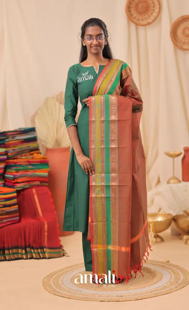 Two-Tone Maroon With Multicolours Chettinad Cotton Dupatta salwar