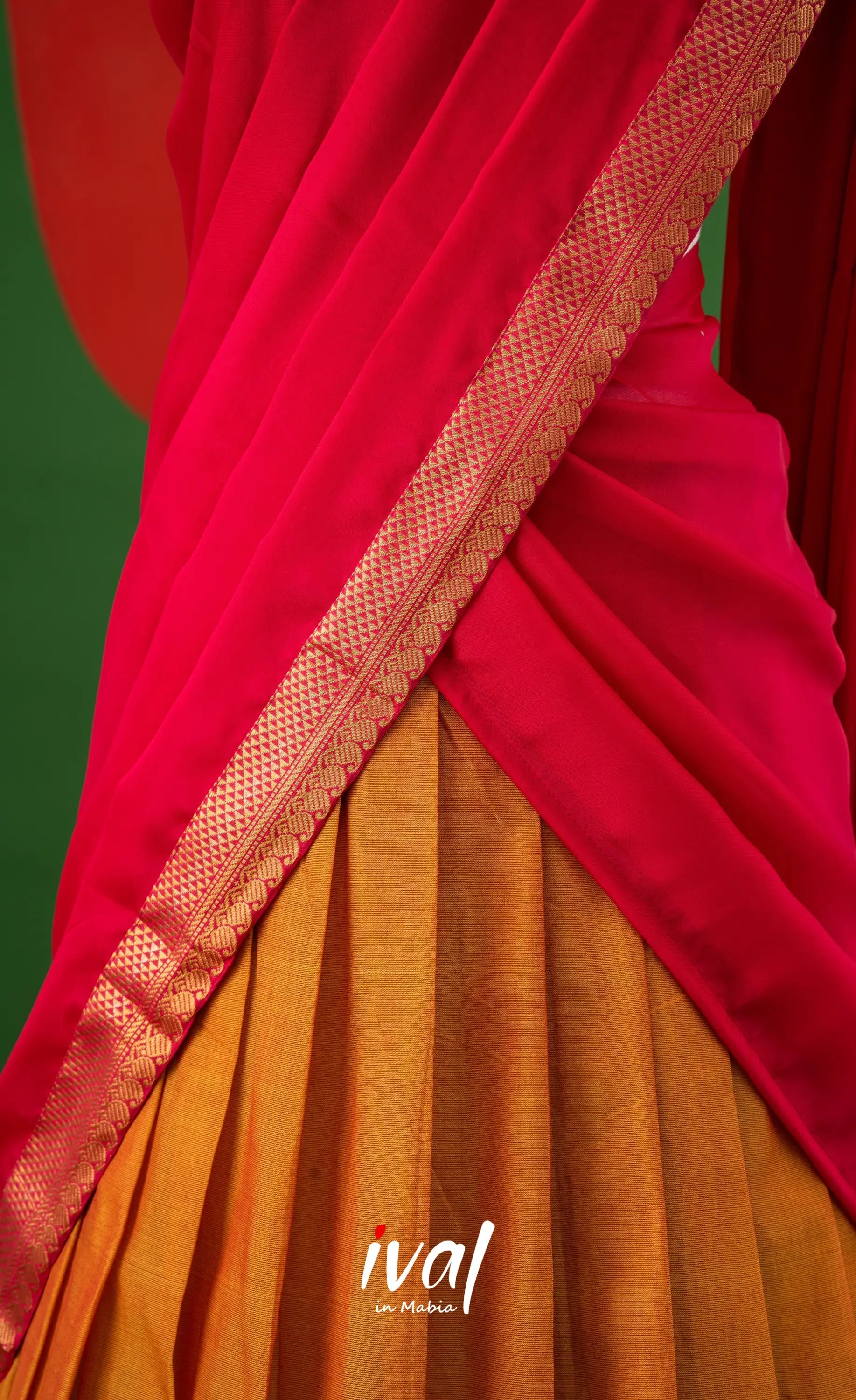 Two-tone Yellowish Orange with Pink Semi-Stitched Cotton Halfsaree Half Sarees