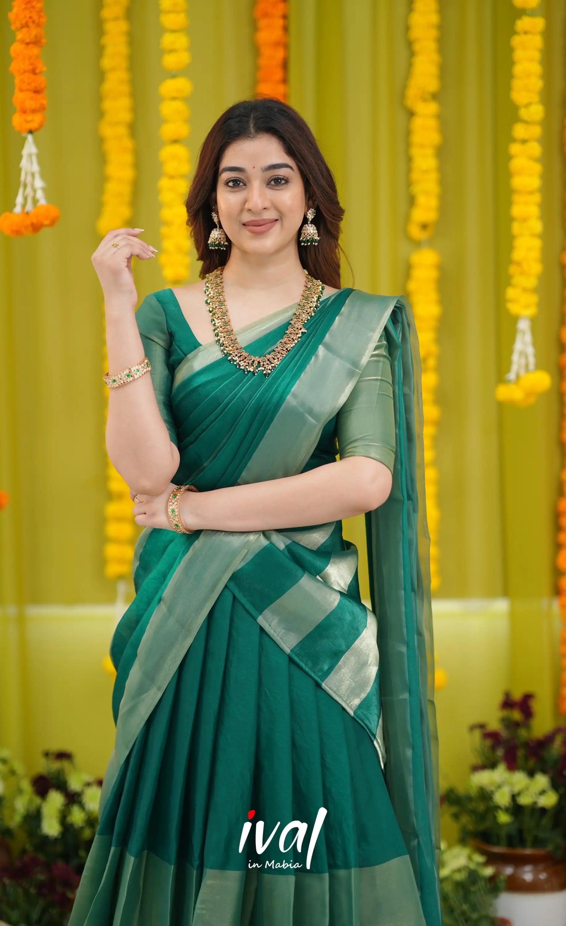 Vedika - Bottle Green and Gold Scape Silk Halfsaree - Half Sarees