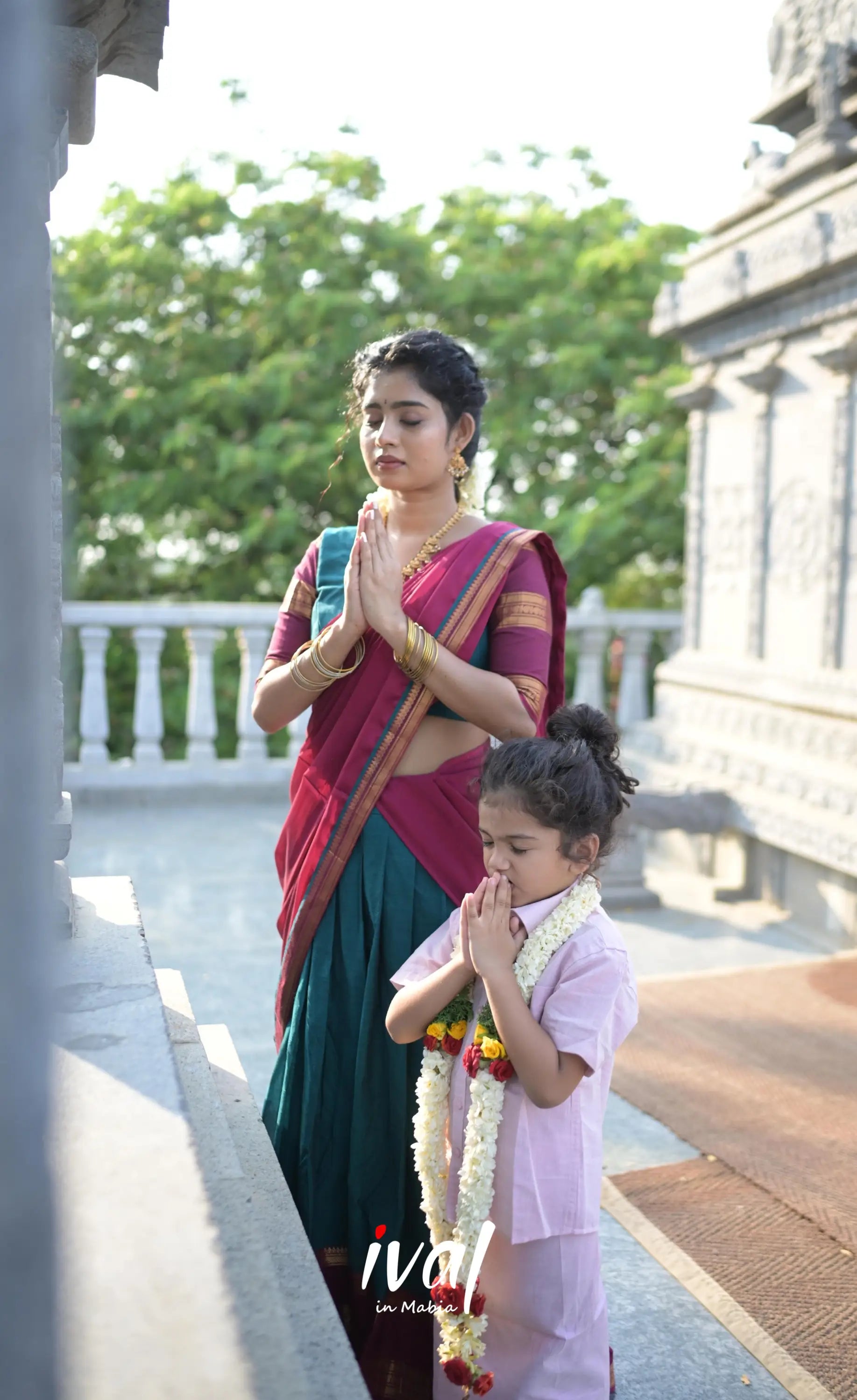 Vedika - Bottle Green with Purple Scape Silk Halfsaree - Half Sarees