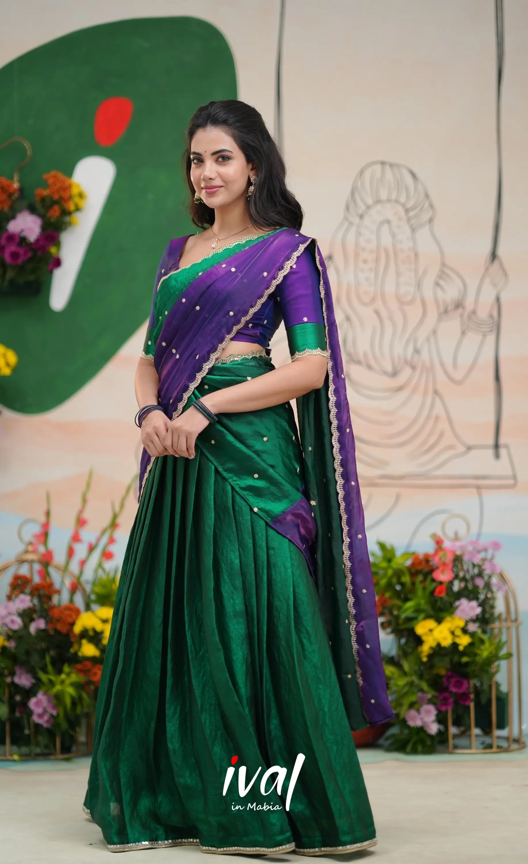 Vedika - Bottle Green with Purple Scape Silk Halfsaree Half Sarees