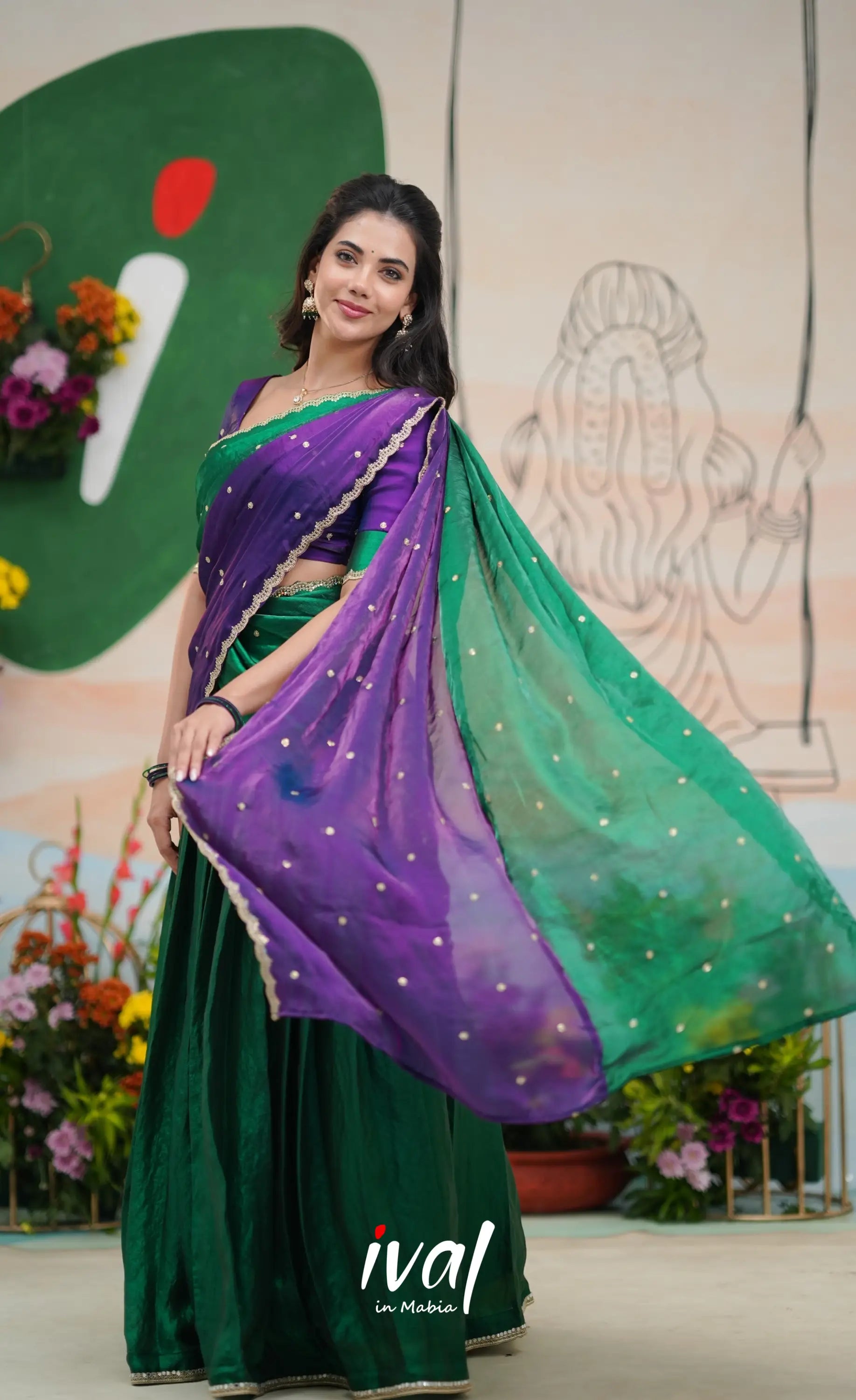 Vedika - Bottle Green with Purple Scape Silk Halfsaree Half Sarees