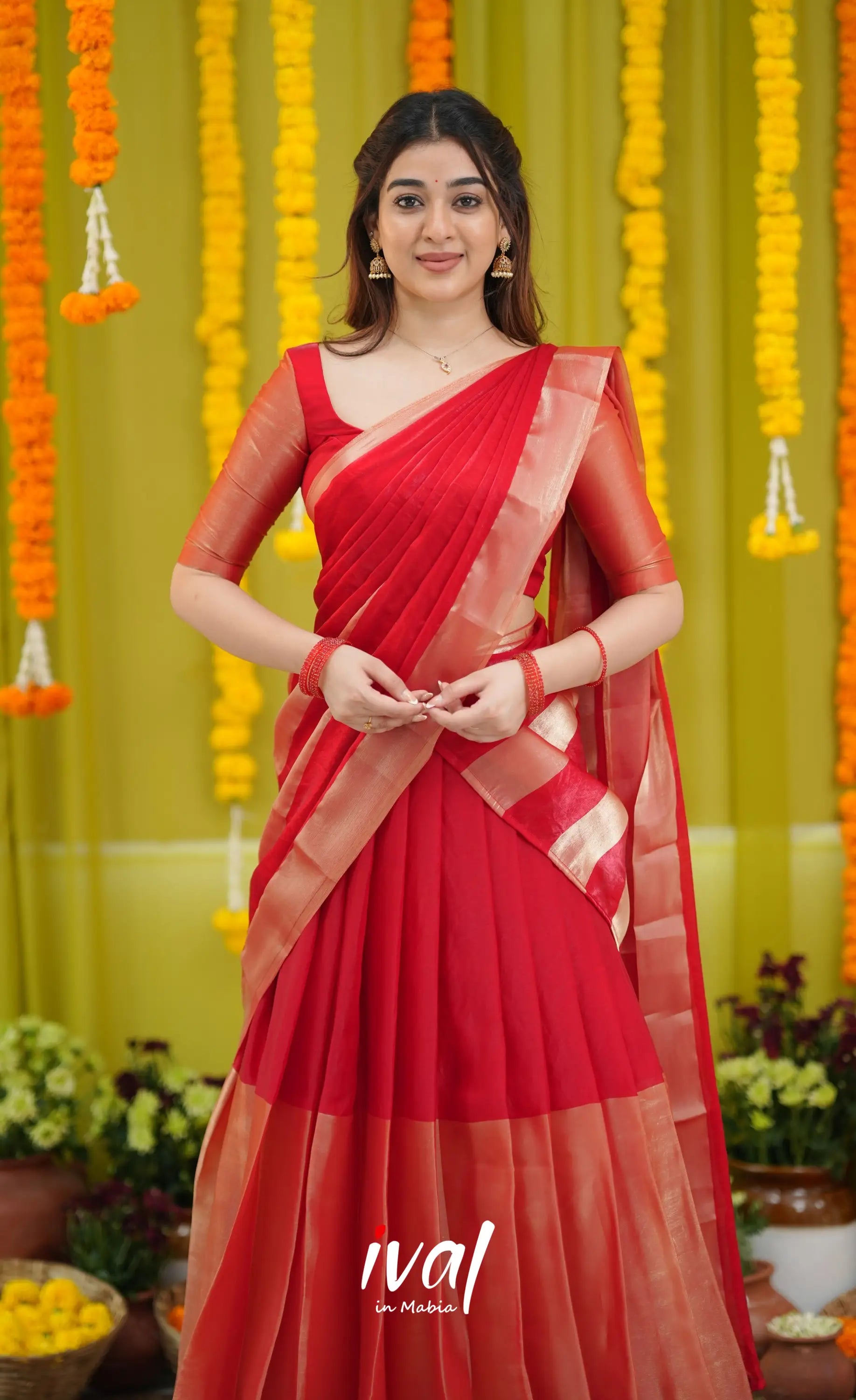 Vedika - Bright Red and Gold Scape Silk Halfsaree - Half Sarees
