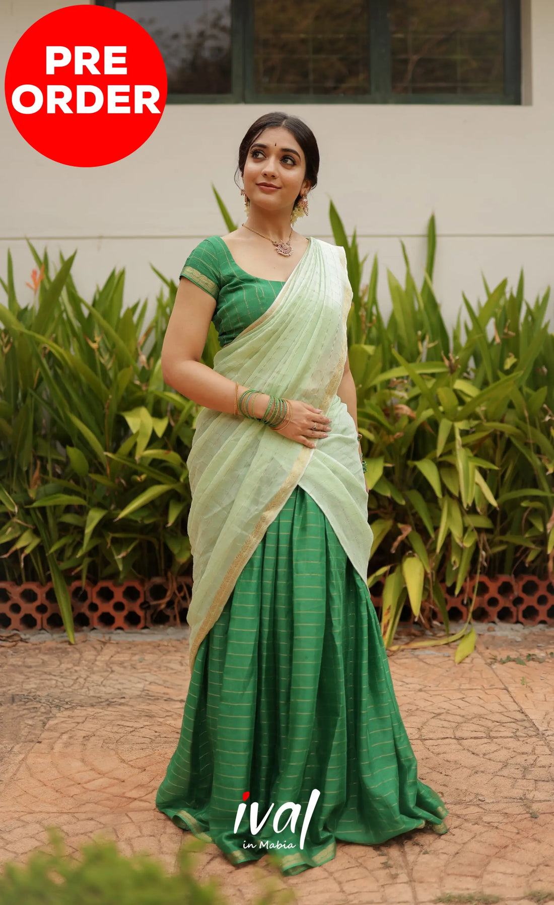 Vedika - Chinnon Halfsaree - Dark Green and Pastel Green Half Sarees