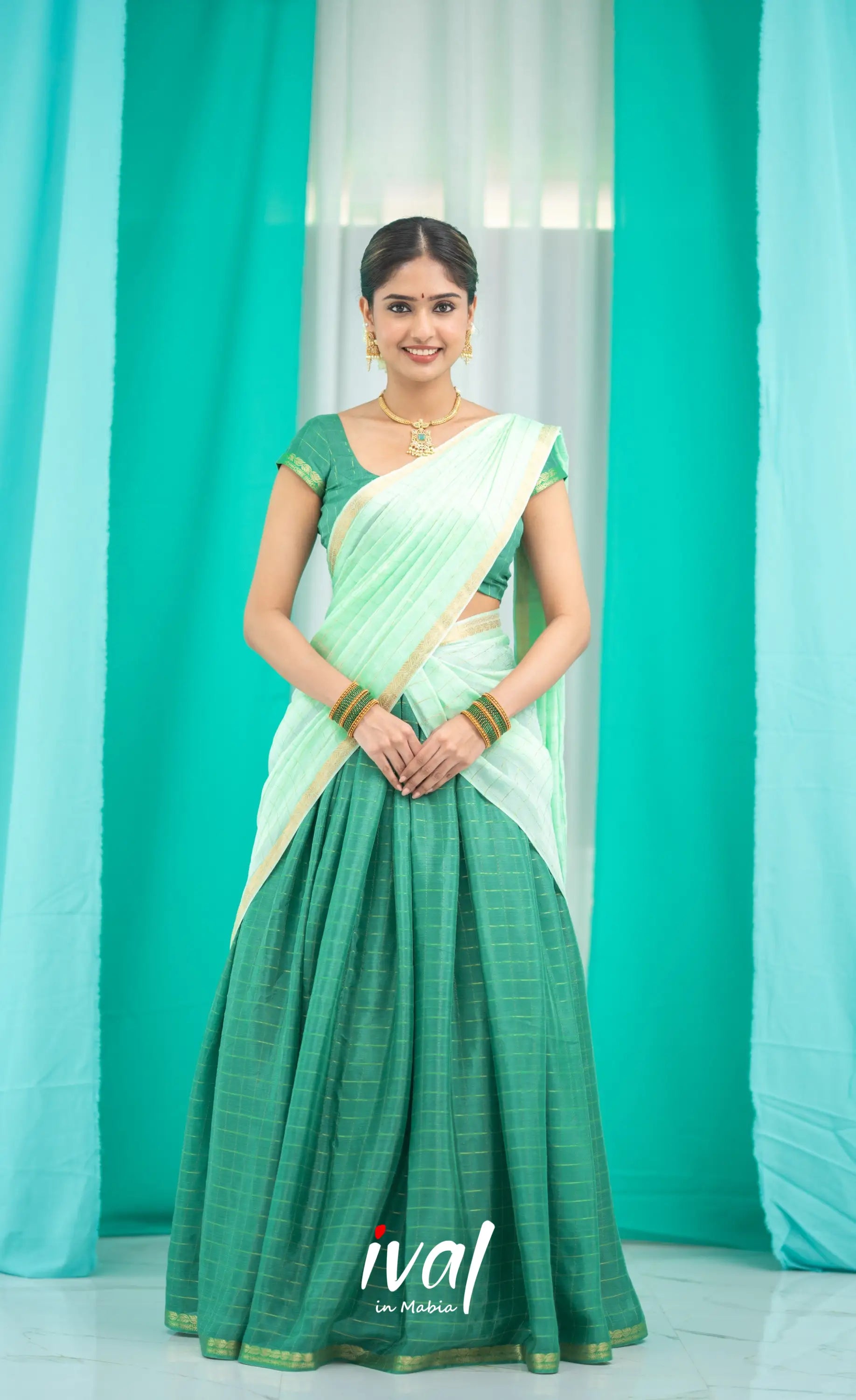 Vedika - Chinnon Halfsaree - Dark Green and Pastel Green Half Sarees