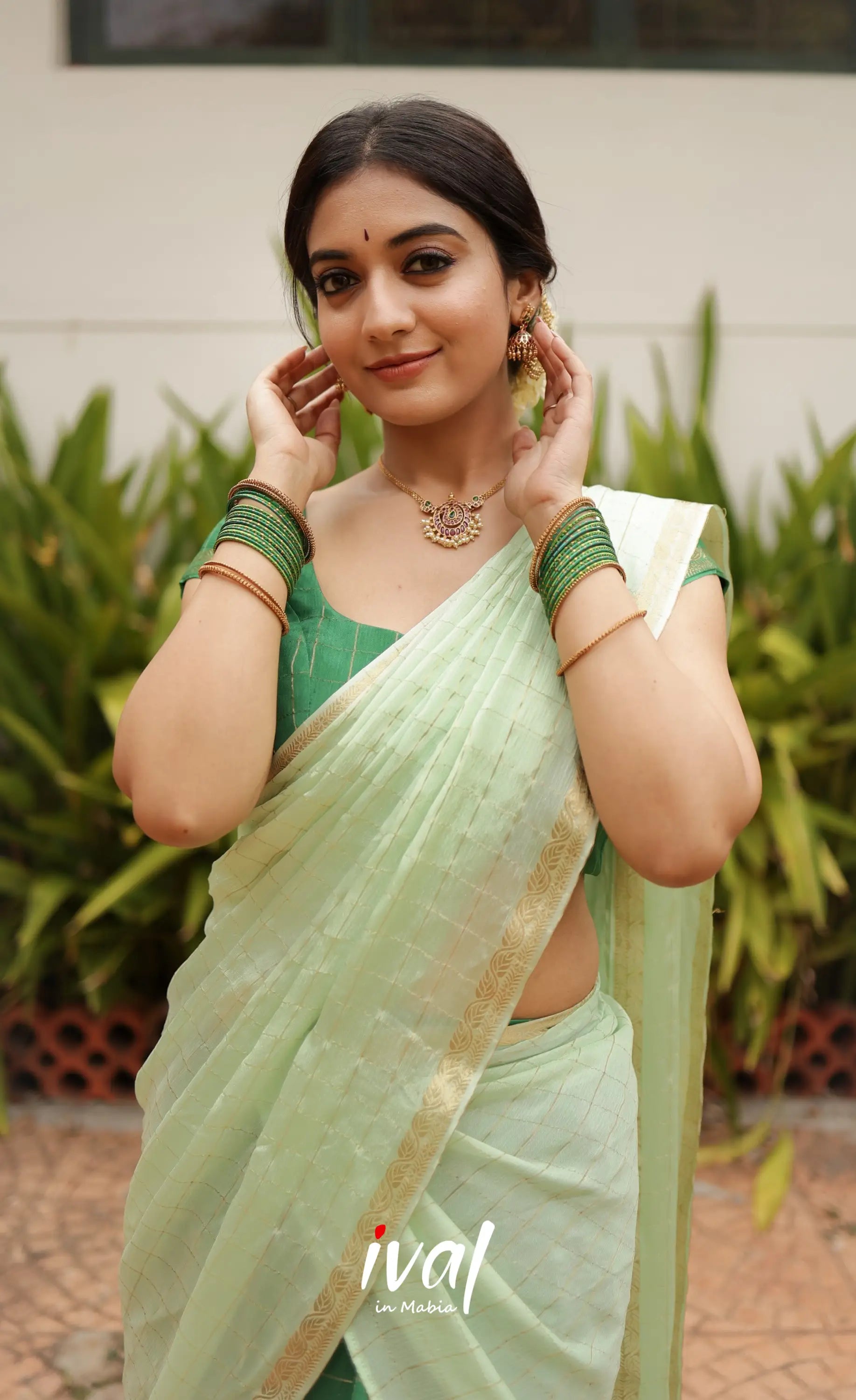 Vedika - Chinnon Halfsaree - Dark Green and Pastel Green Half Sarees