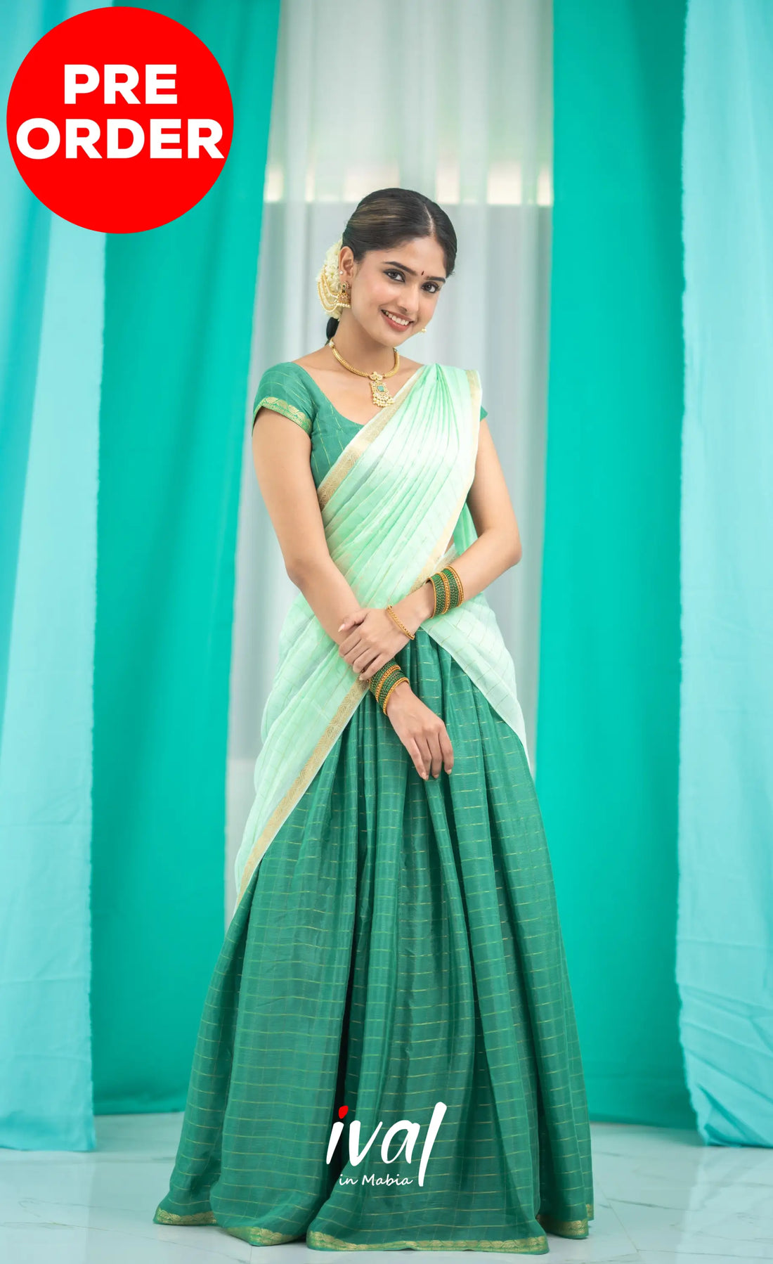 Vedika - Chinnon Halfsaree - Dark Green and Pastel Green Half Sarees