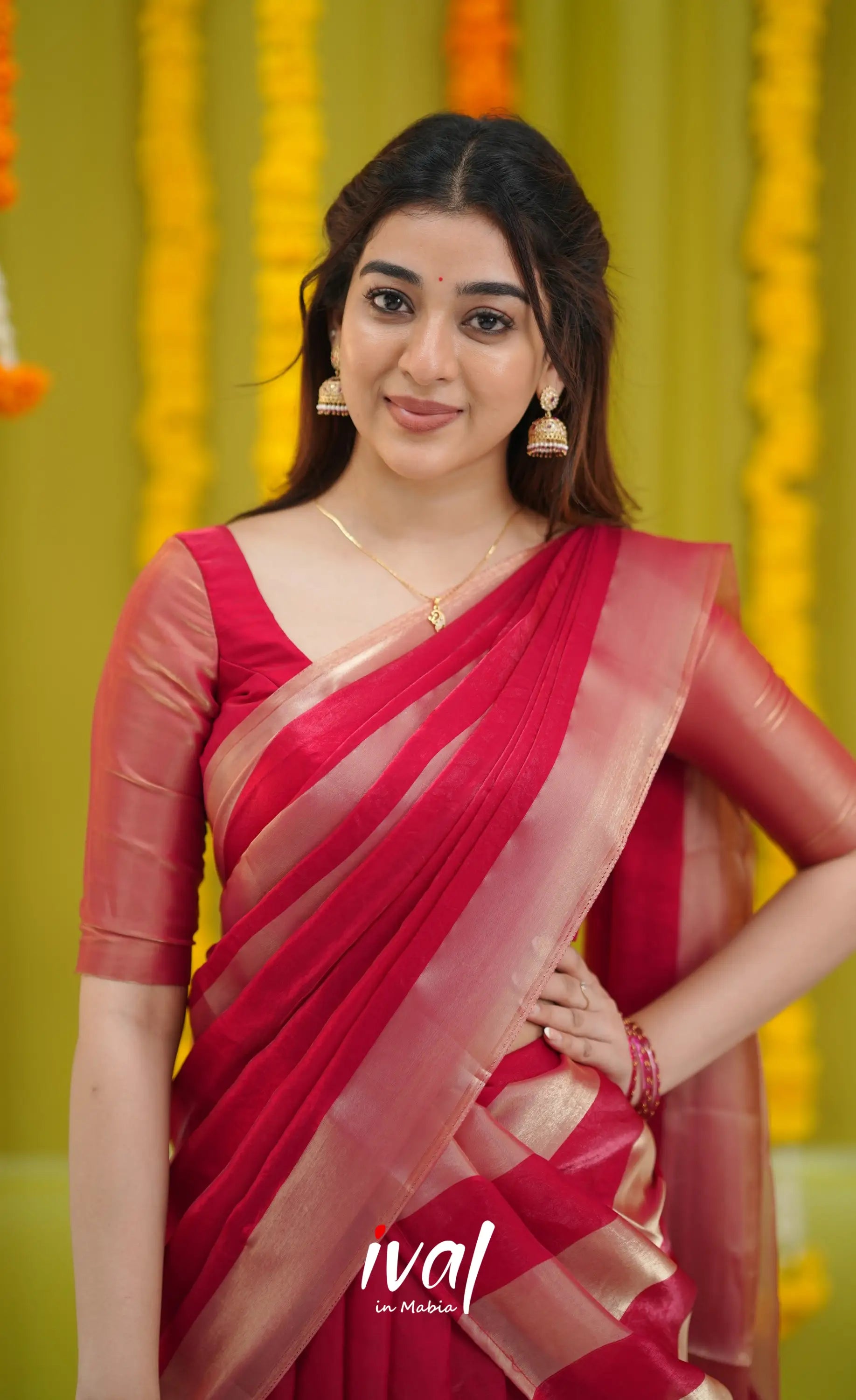 Vedika - Deep Reddish Pink and Gold Scape Silk Halfsaree - Half Sarees