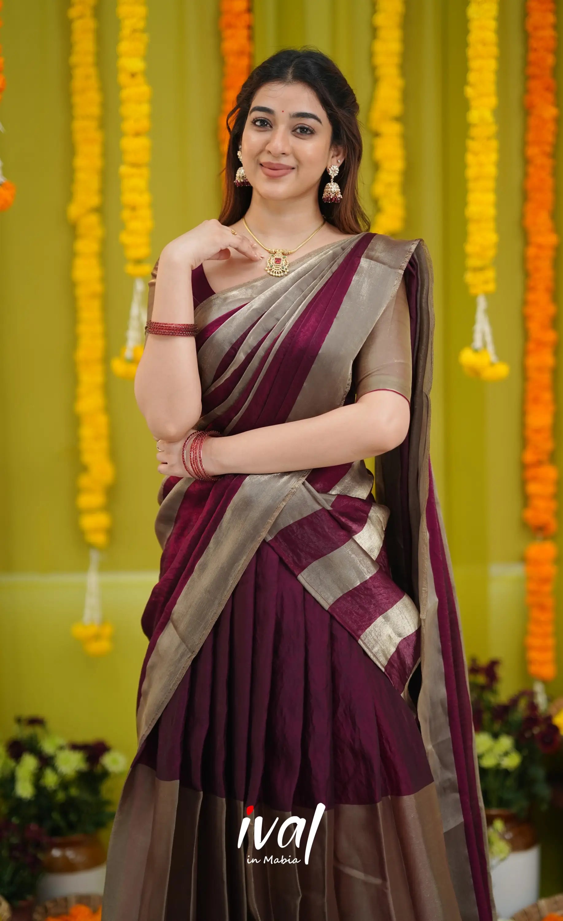 Vedika - Deep Wine and Gold Scape Silk Halfsaree - Half Sarees
