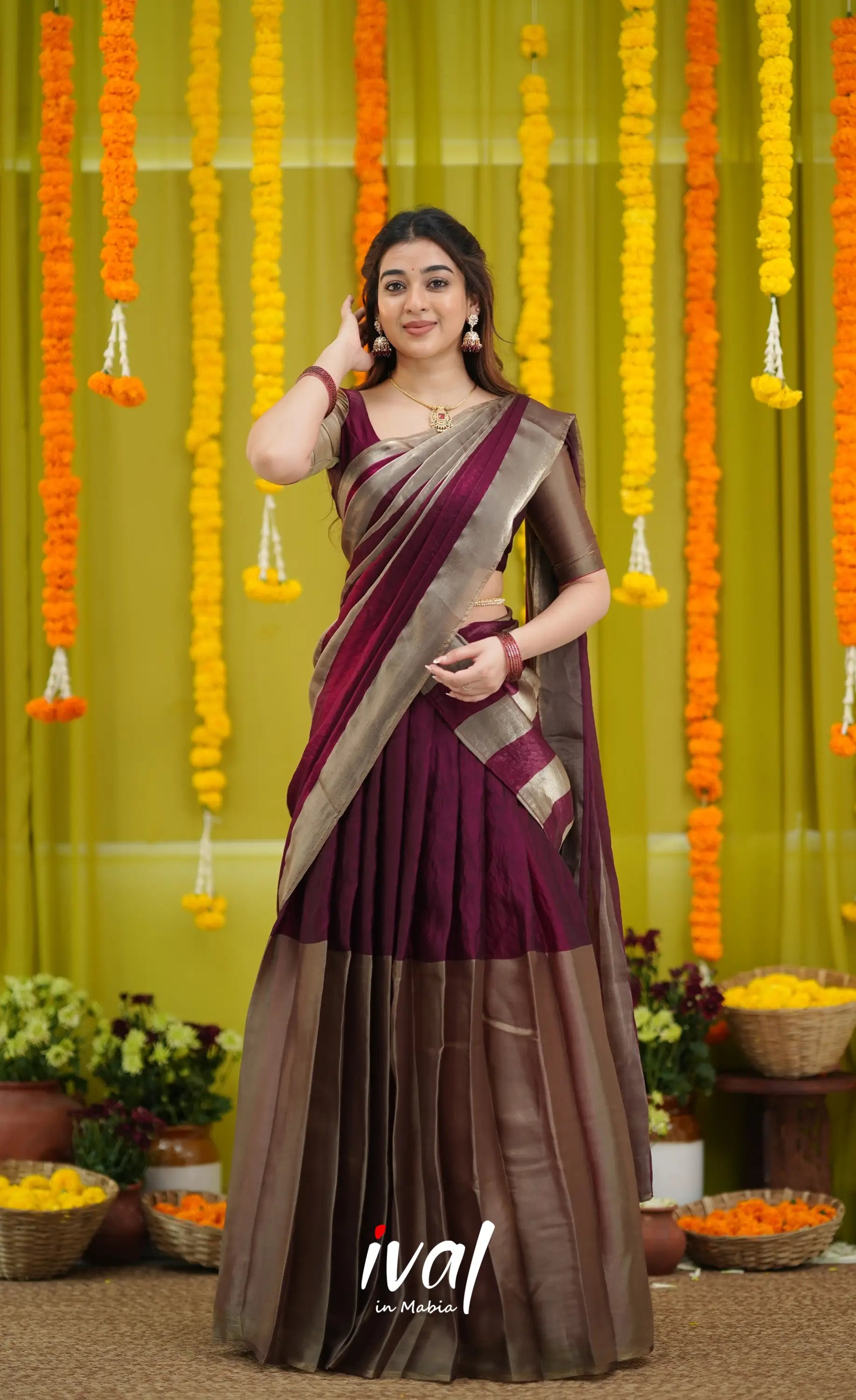 Vedika - Deep Wine and Gold Scape Silk Halfsaree - Half Sarees