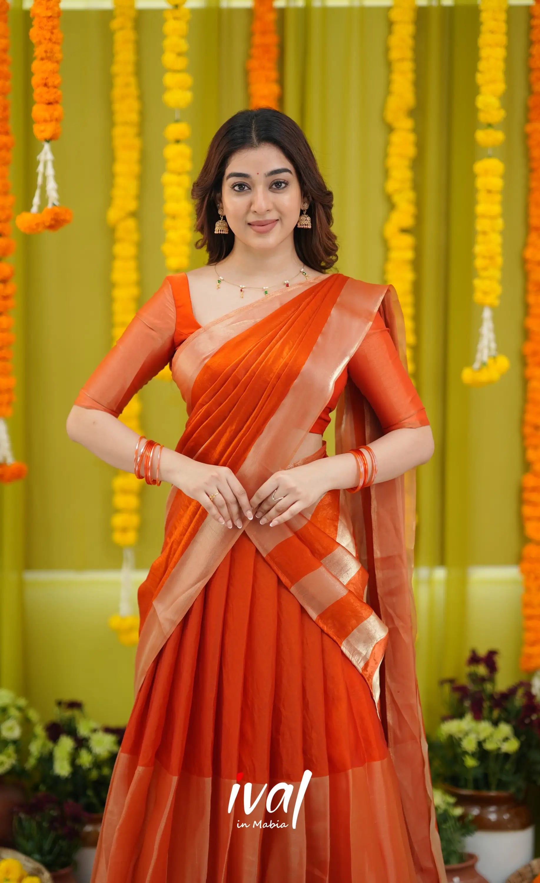 Vedika - Orange and Gold Scape Silk Halfsaree - Half Sarees