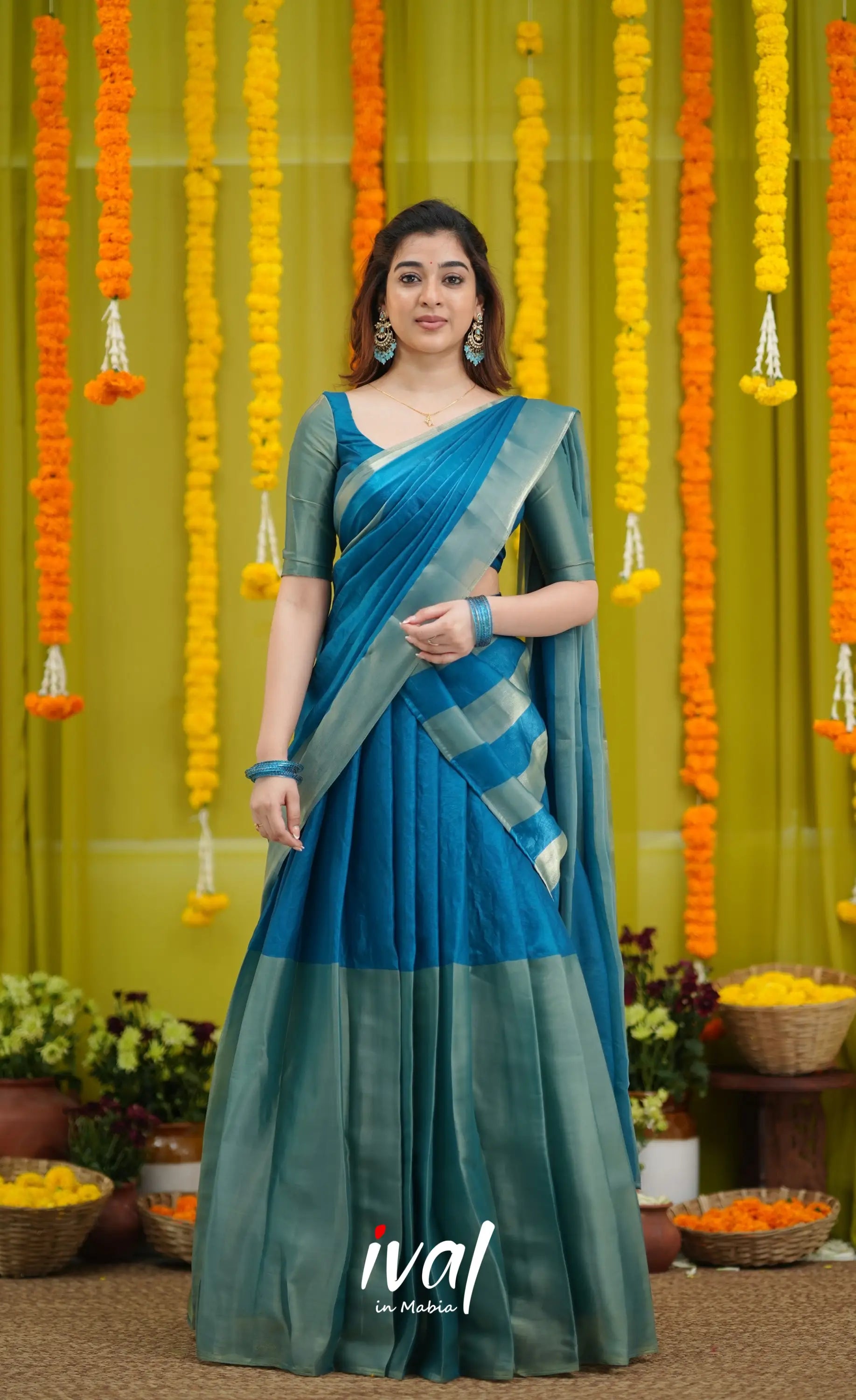 Vedika - Peacock Blue and Gold Scape Silk Halfsaree - Half Sarees