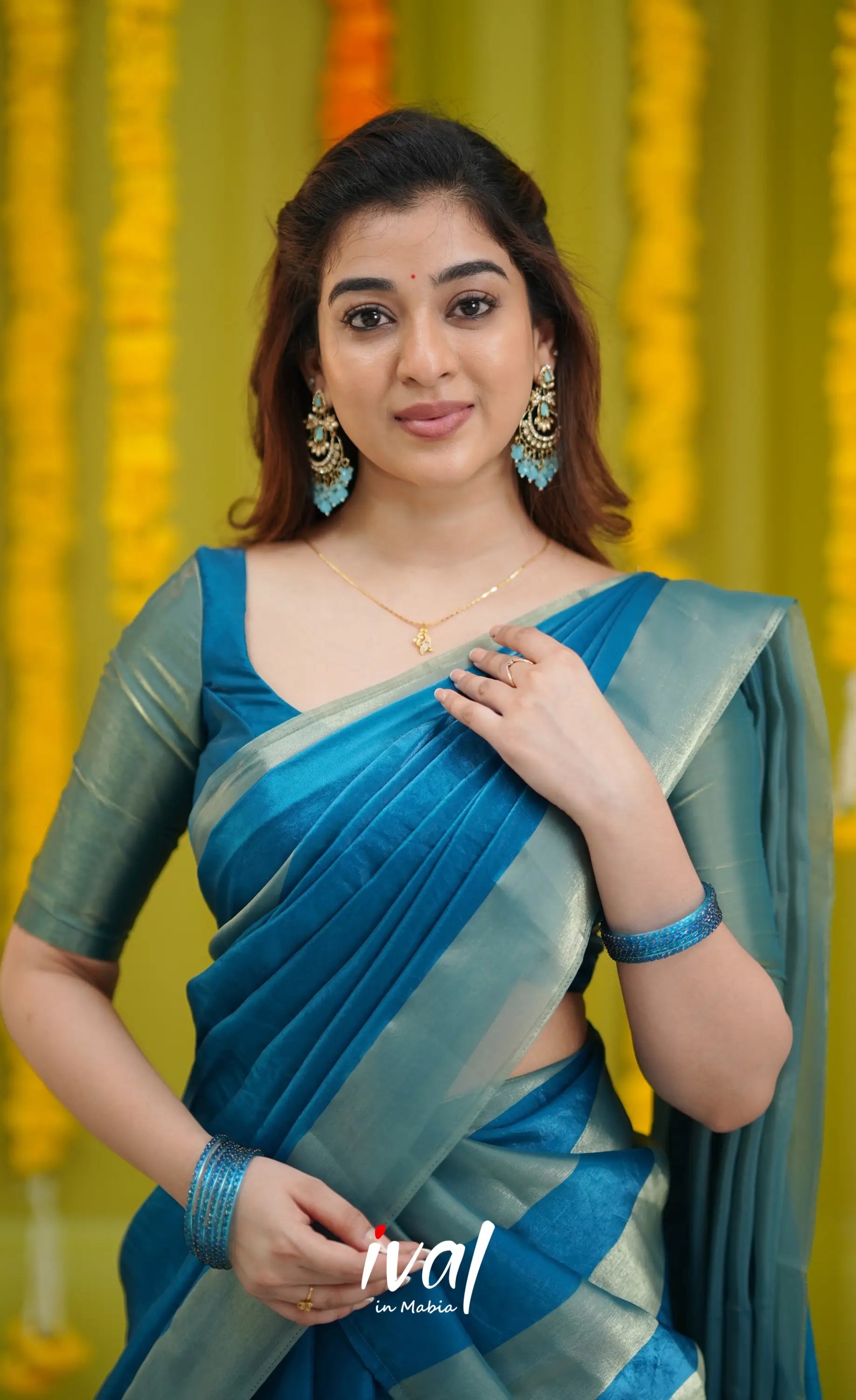 Vedika - Peacock Blue and Gold Scape Silk Halfsaree - Half Sarees