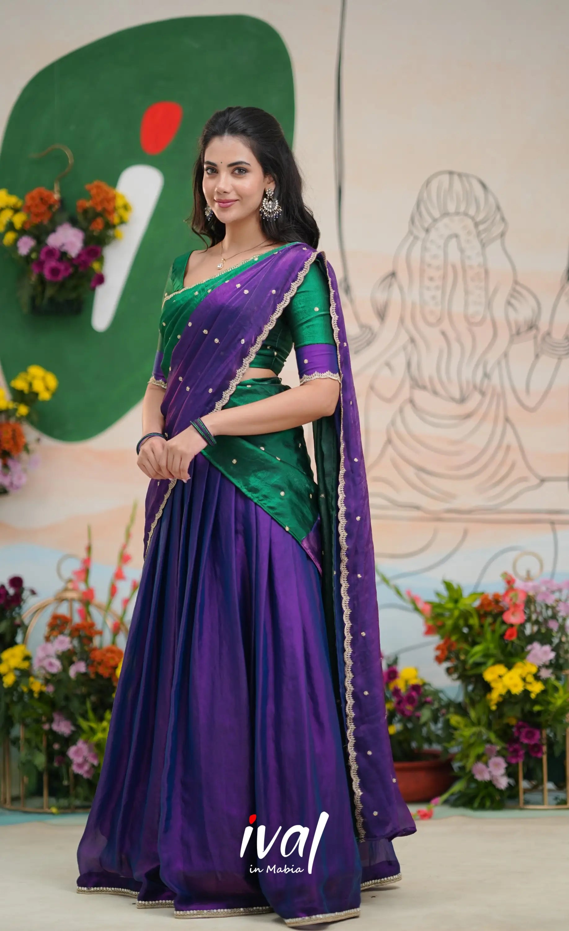 Vedika - Purple with Bottle Green Scape Silk Halfsaree Half Sarees