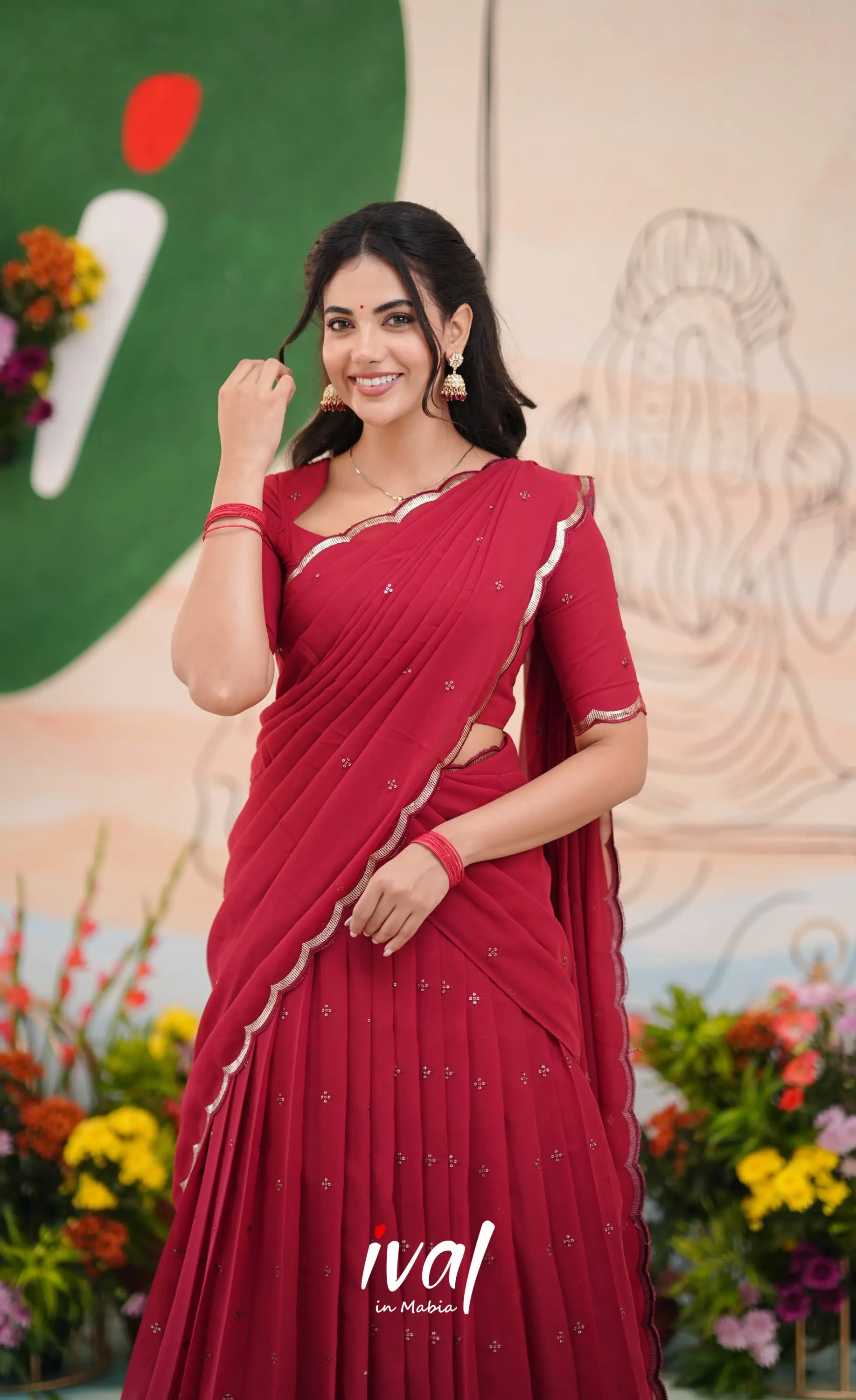 Vedika - Reddish Maroon Georgette Halfsaree Half Sarees
