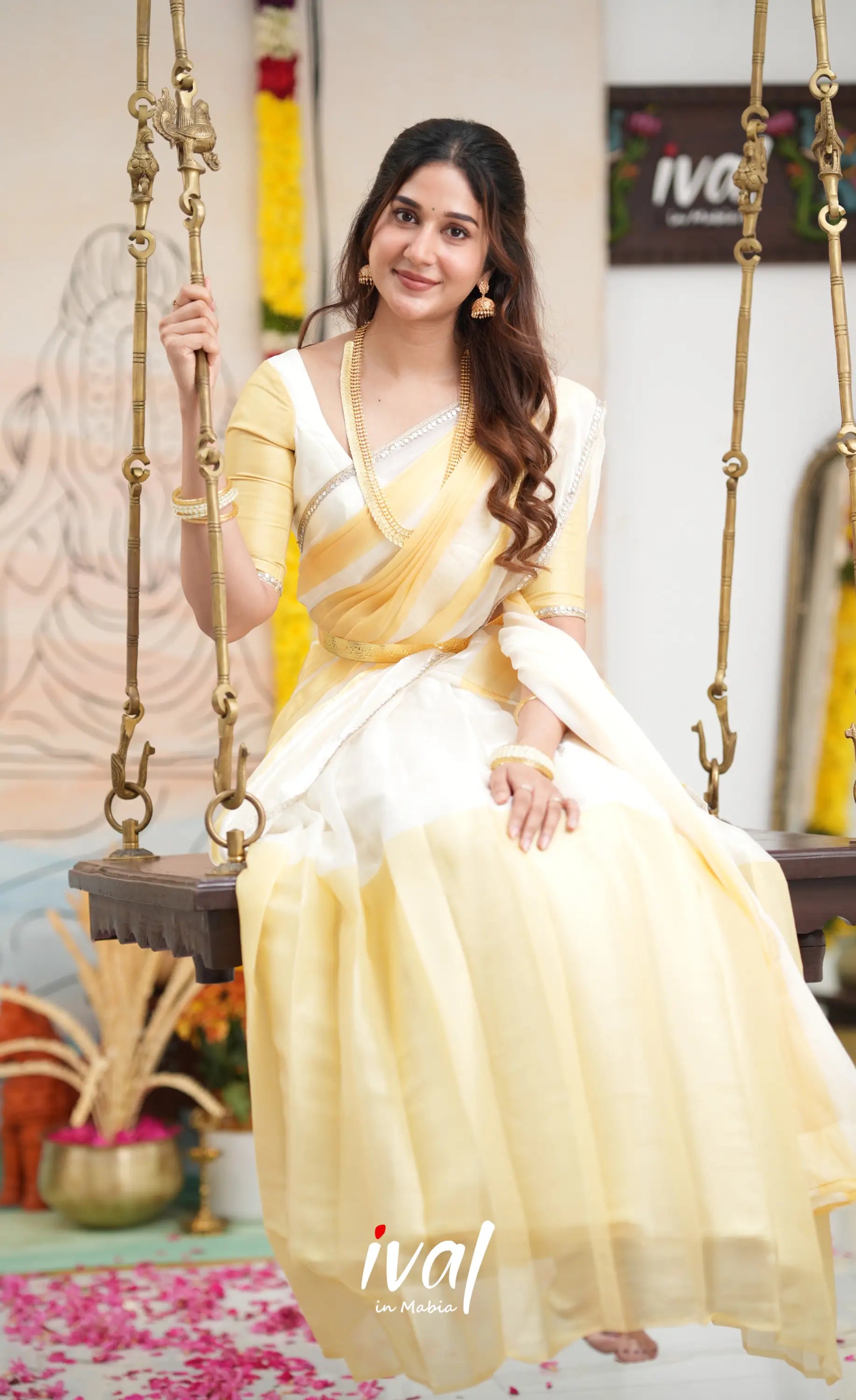 Vedika - White with Light gold Scape Silk Halfsaree - Half Sarees