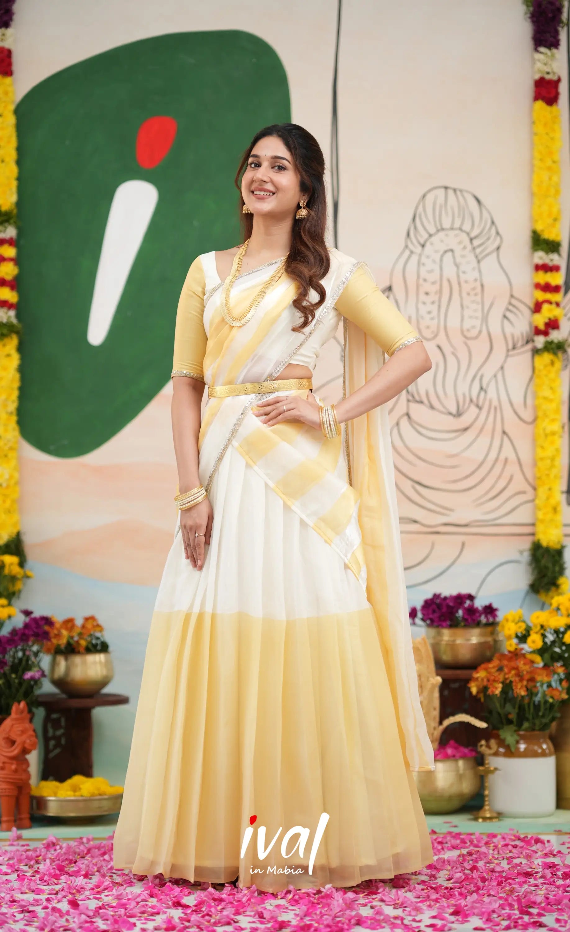 Vedika - White with Light gold Scape Silk Halfsaree - Half Sarees