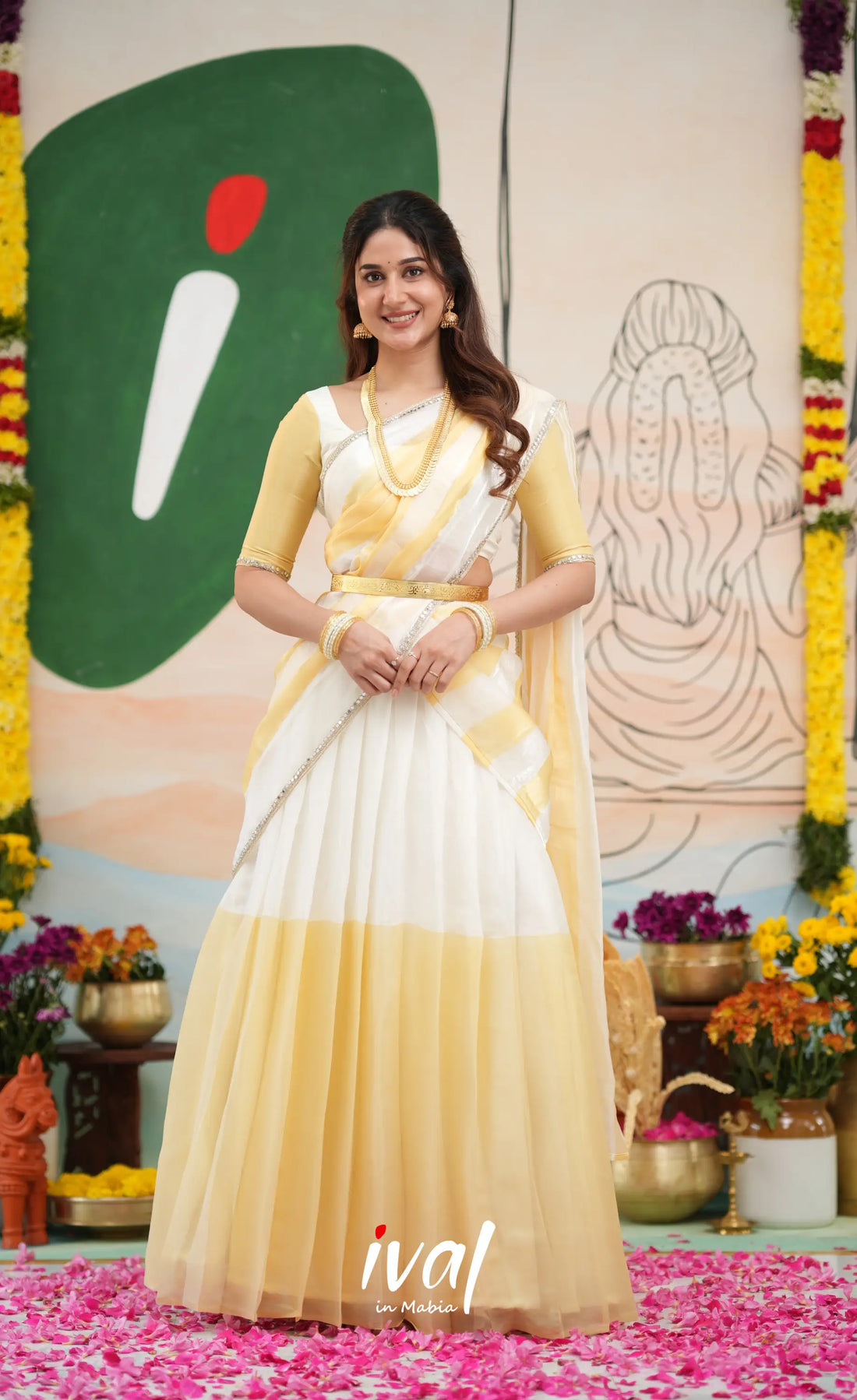 Vedika - White with Light gold Scape Silk Halfsaree - Half Sarees