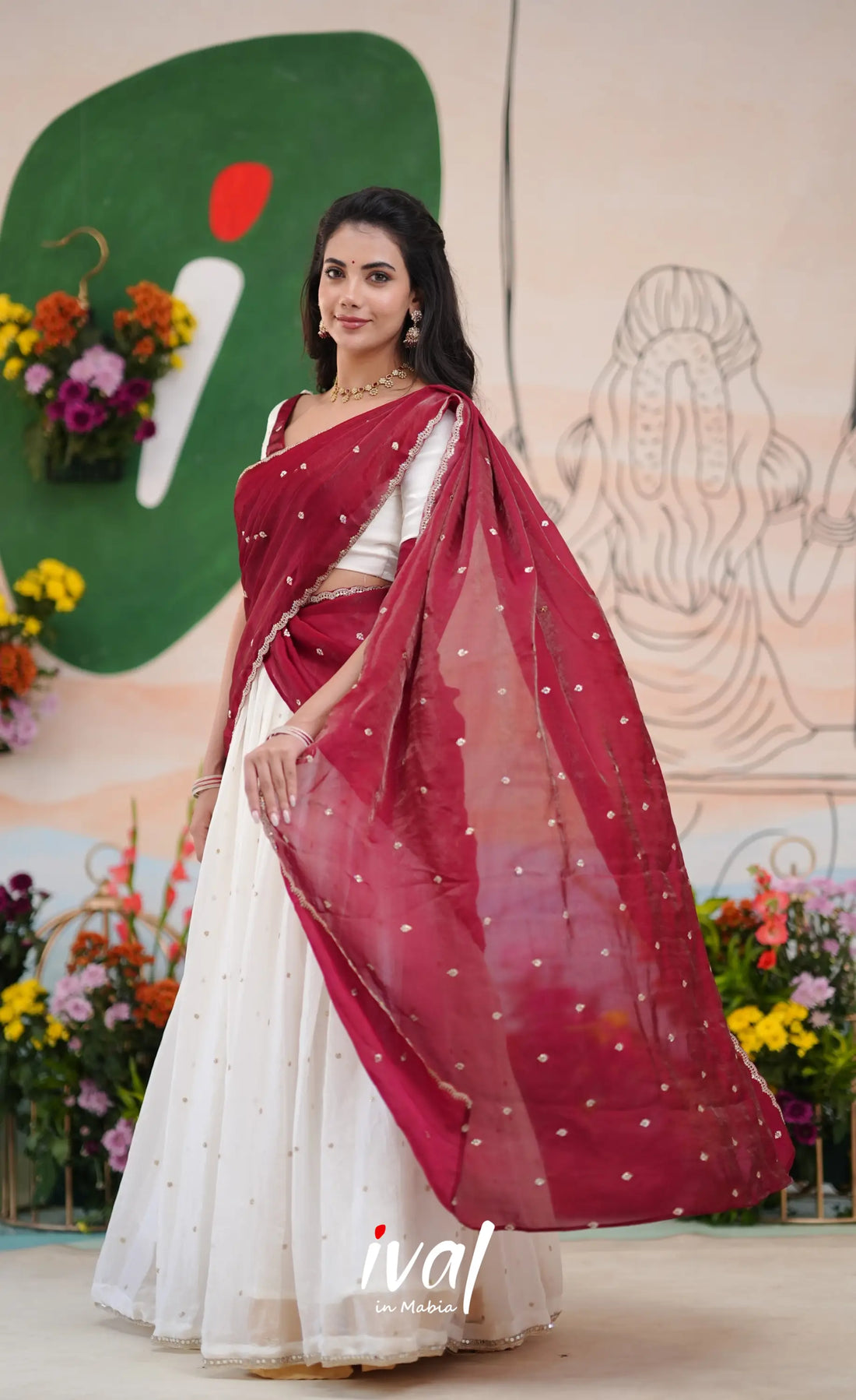 Vedika - White with Maroon Scape Silk Halfsaree Half Sarees