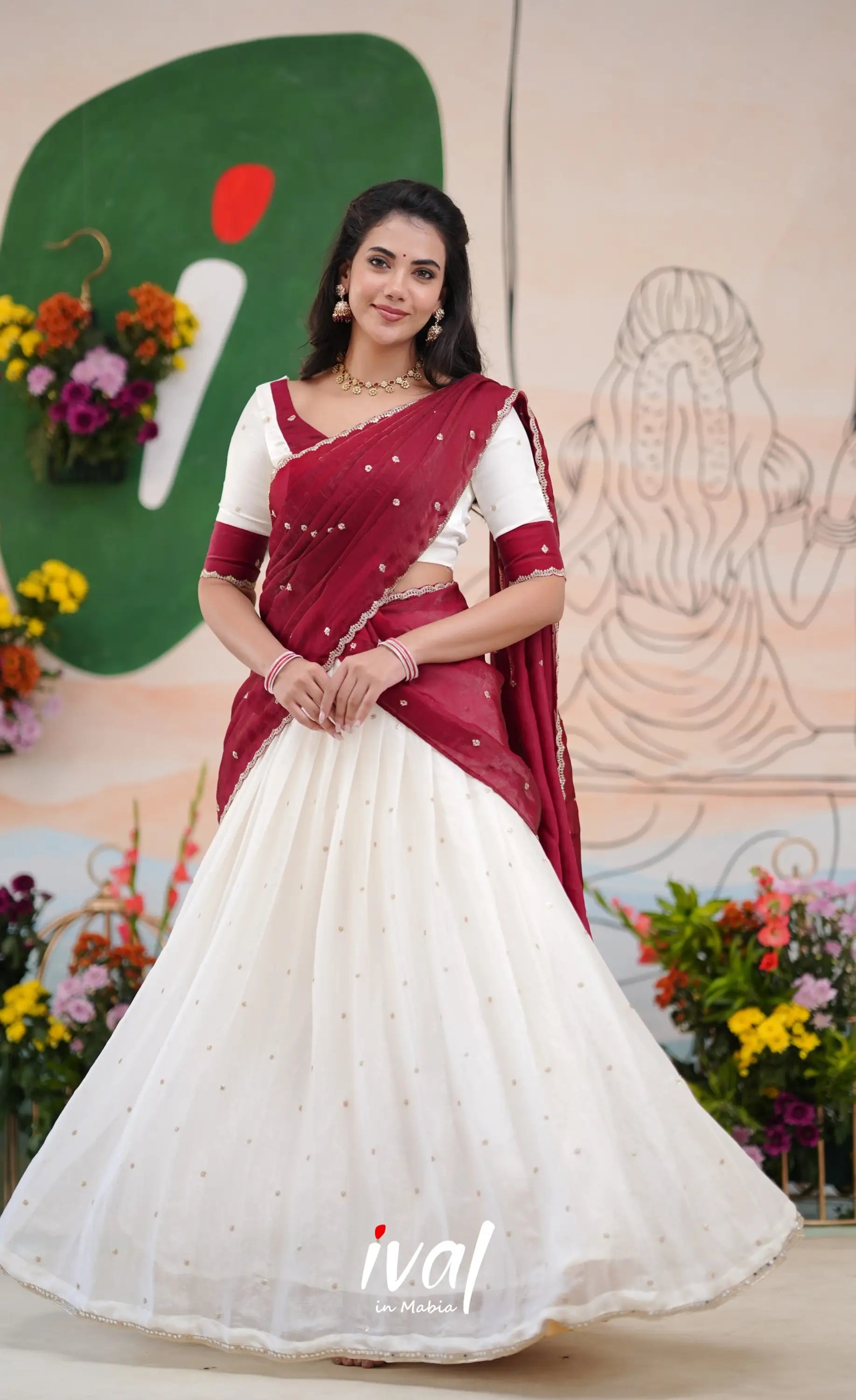 Vedika - White with Maroon Scape Silk Halfsaree Half Sarees