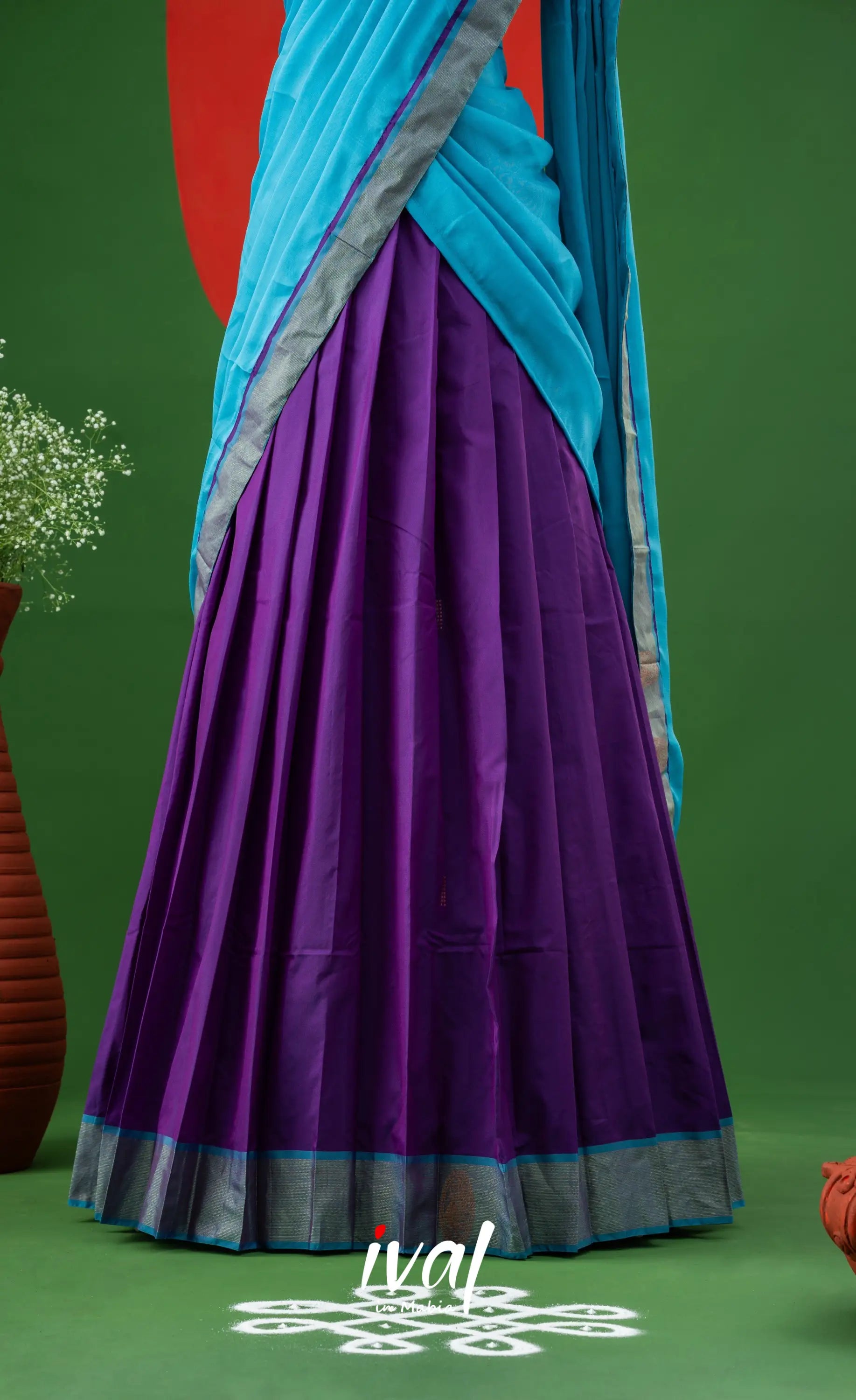 Violet with Sky Blue Semi-Stitched Blended Silk Halfsaree Half Sarees