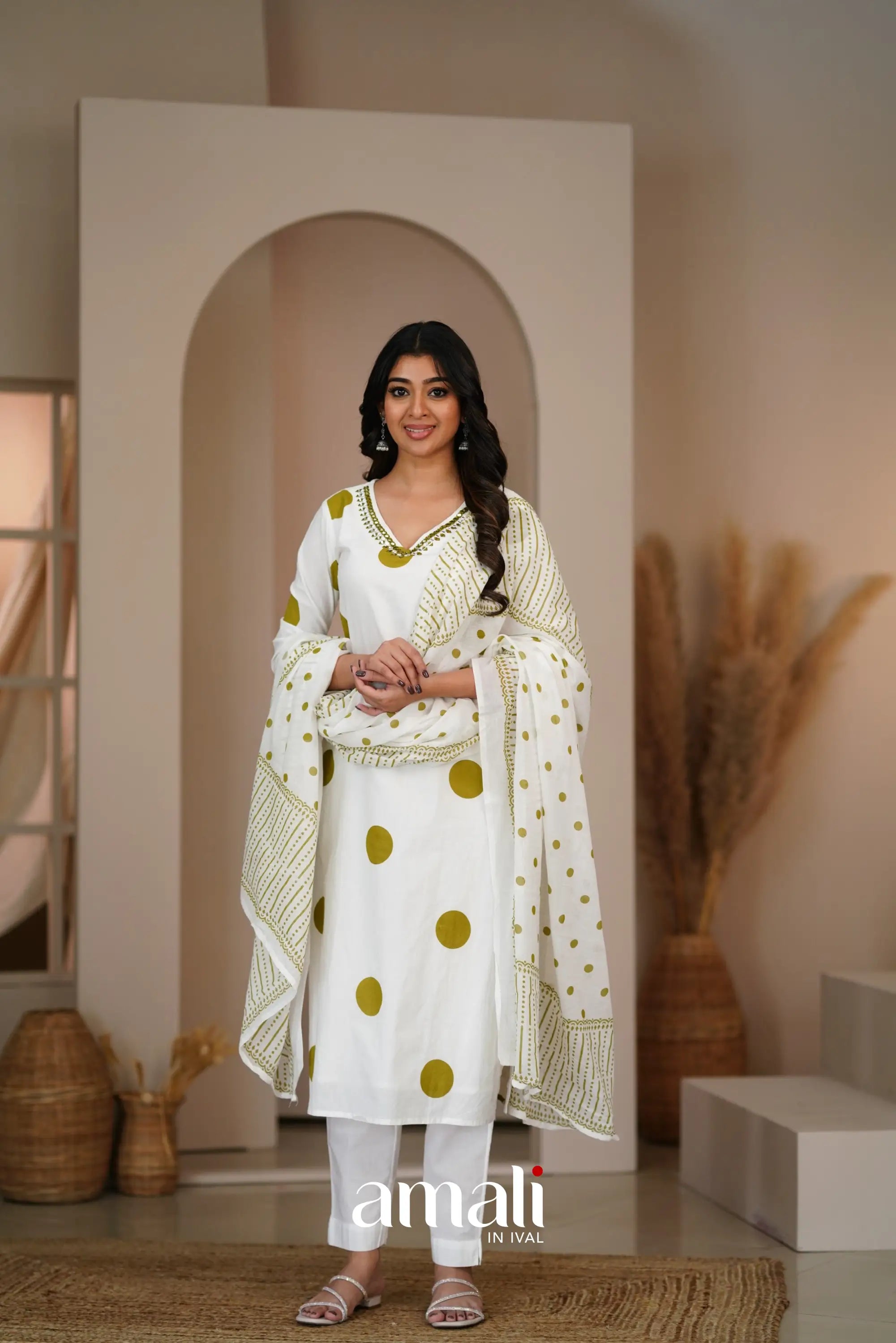 White And Olive Green Cotton Salwar Anarkalis