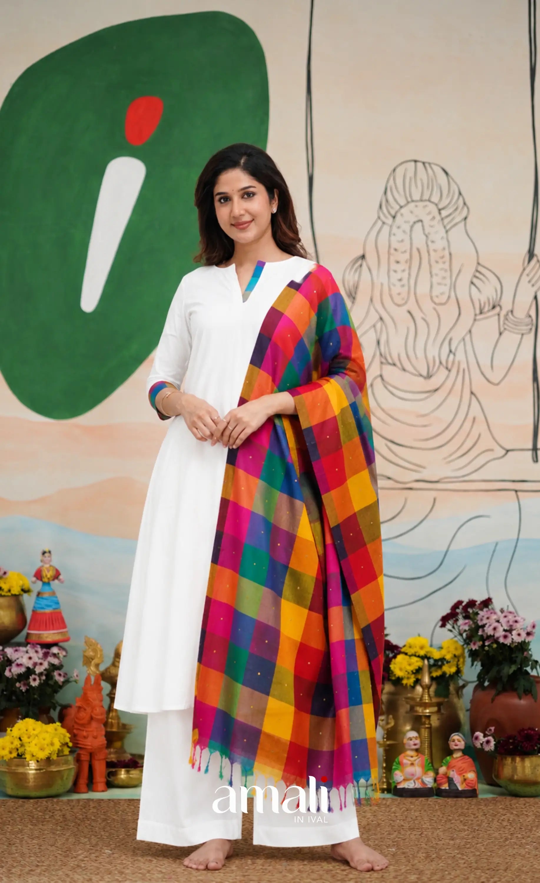 White with Multi-Colour Madras Checks A-line Salwar Set - salwar