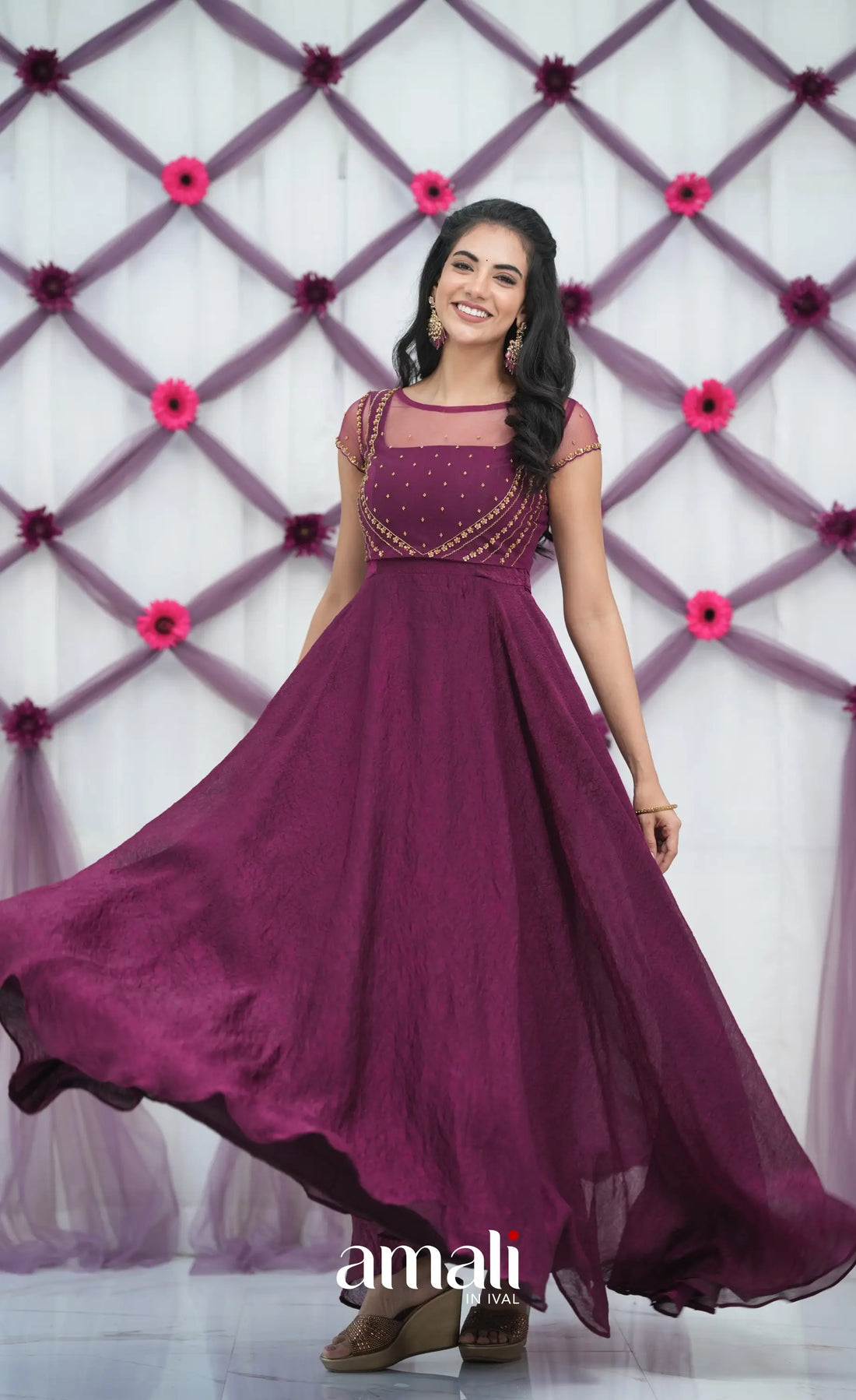 Wine Aari Handworked Anarkali Anarkalis