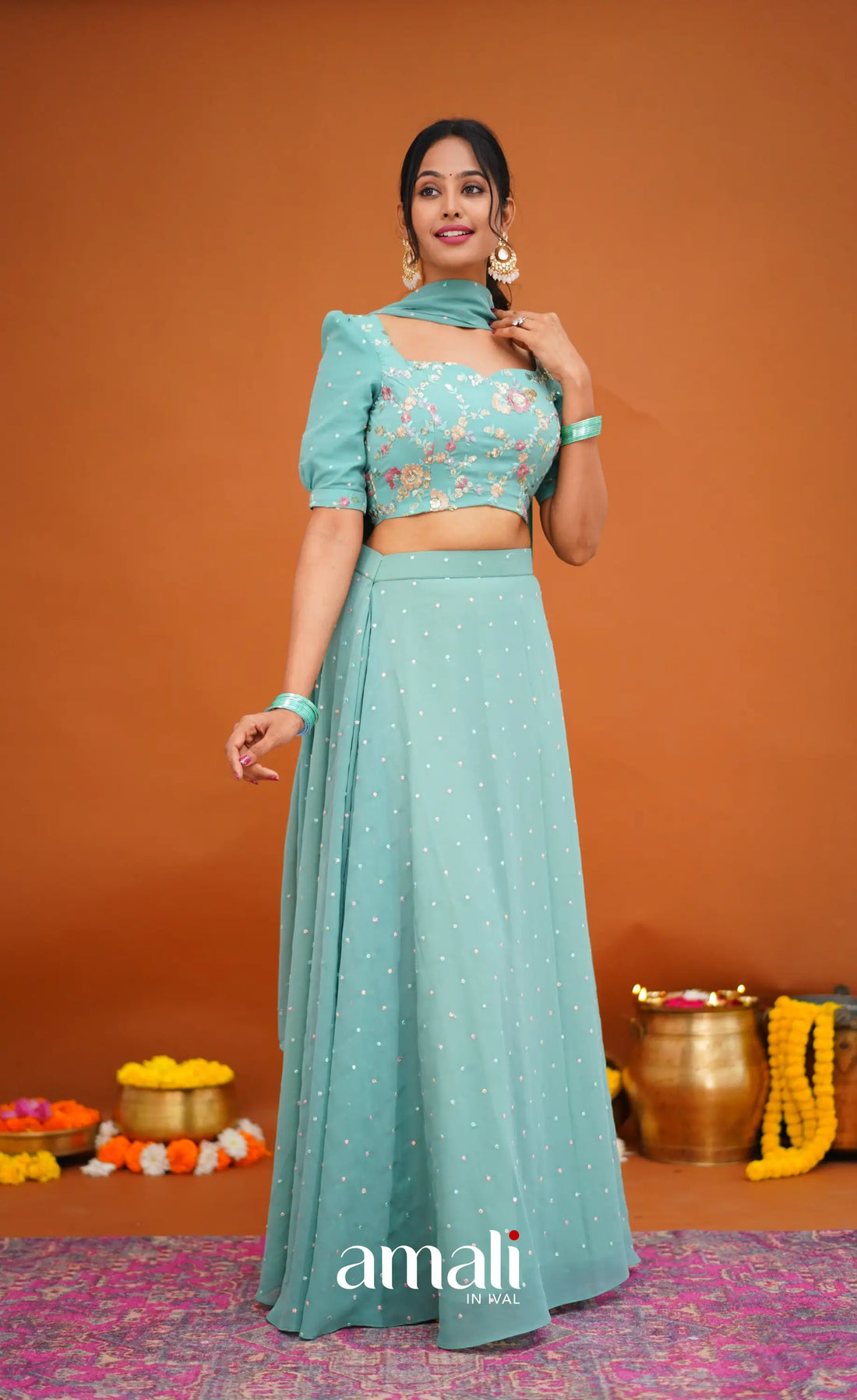 Zaara - Crop Top And Skirt Teal Blue Crop Top Skirts